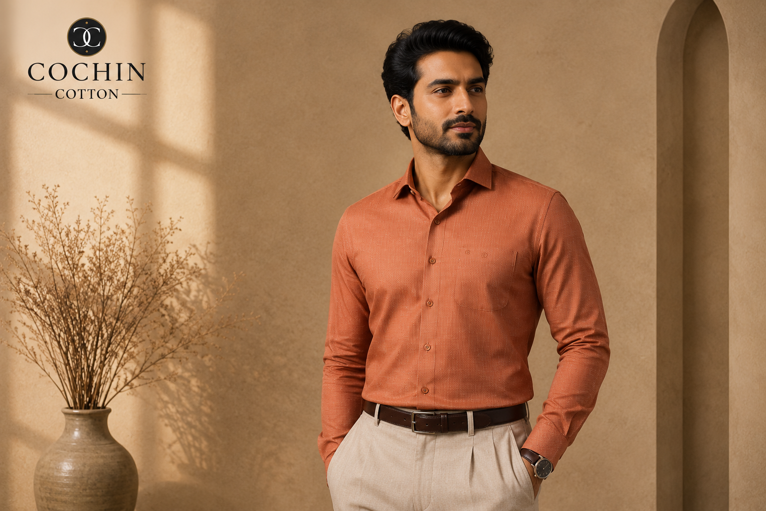 "Indian man wearing a premium rust-orange COCHIN COTTON cotton shirt with beige trousers."