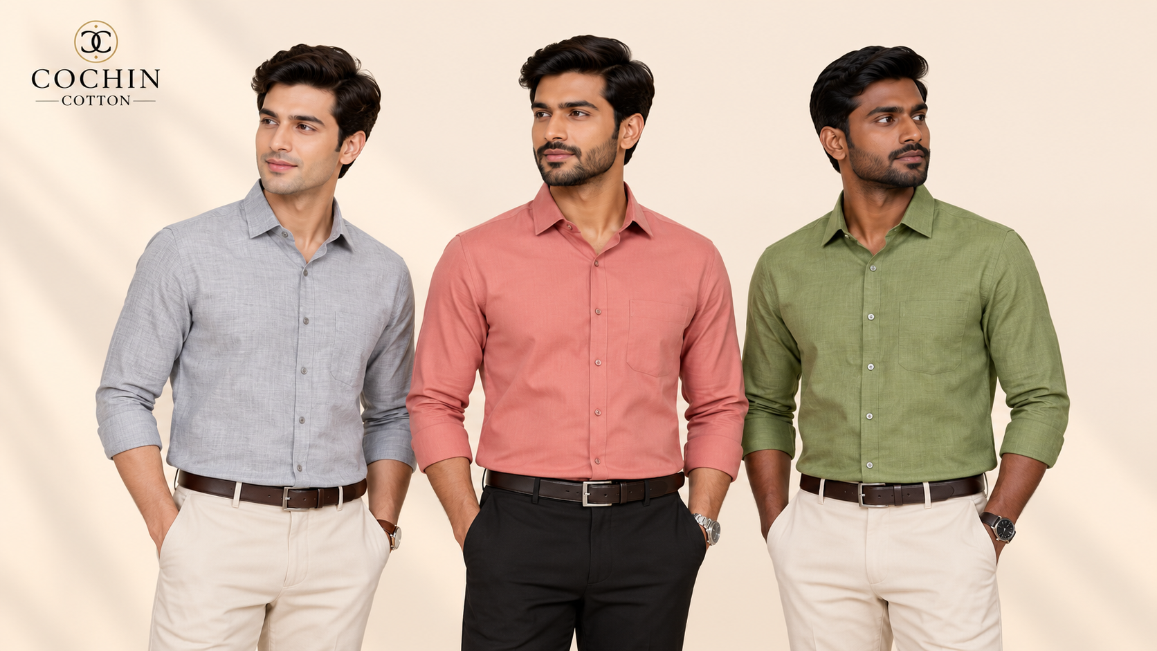 Men with different skin tones wearing complementary shirt colours