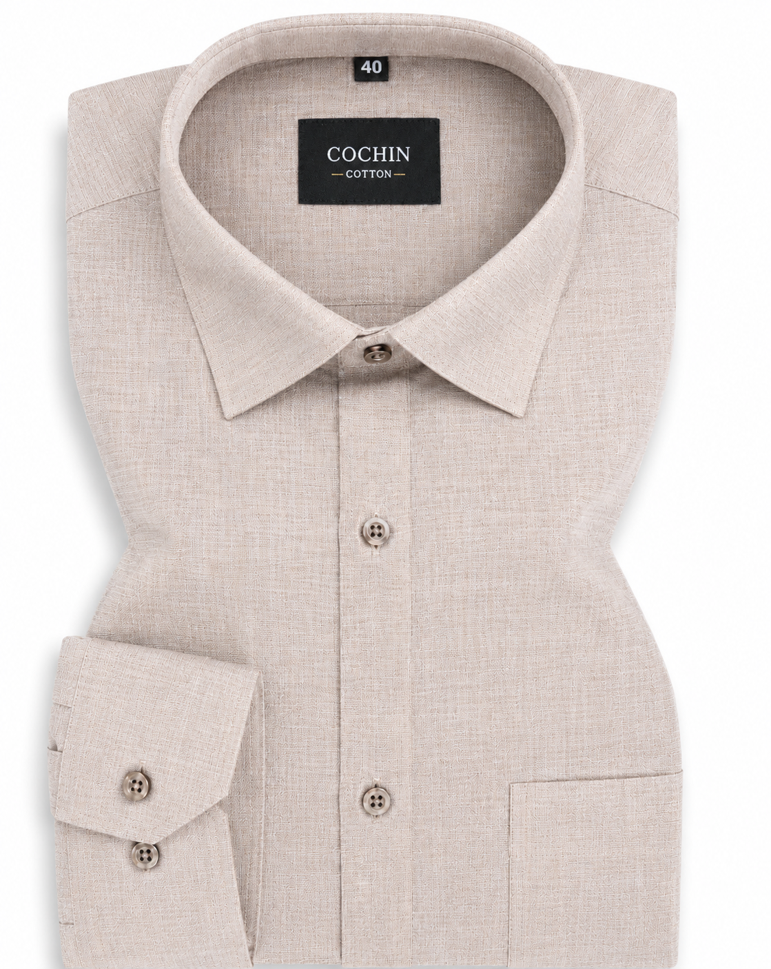 Beige dress shirt with 'Cochin' label on a white background
