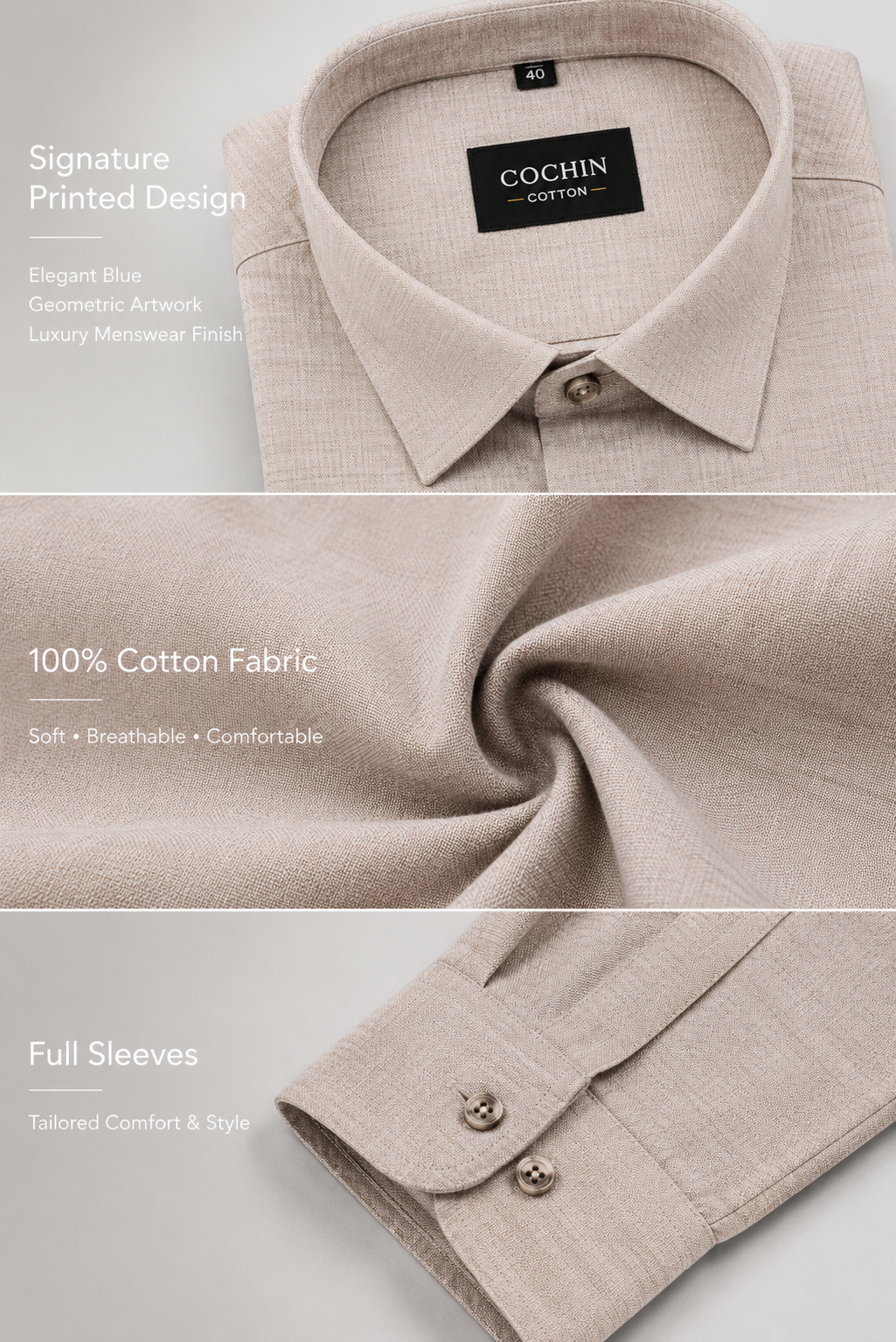 Beige shirt with 'Cochin Cotton' label, showing fabric texture and design details.