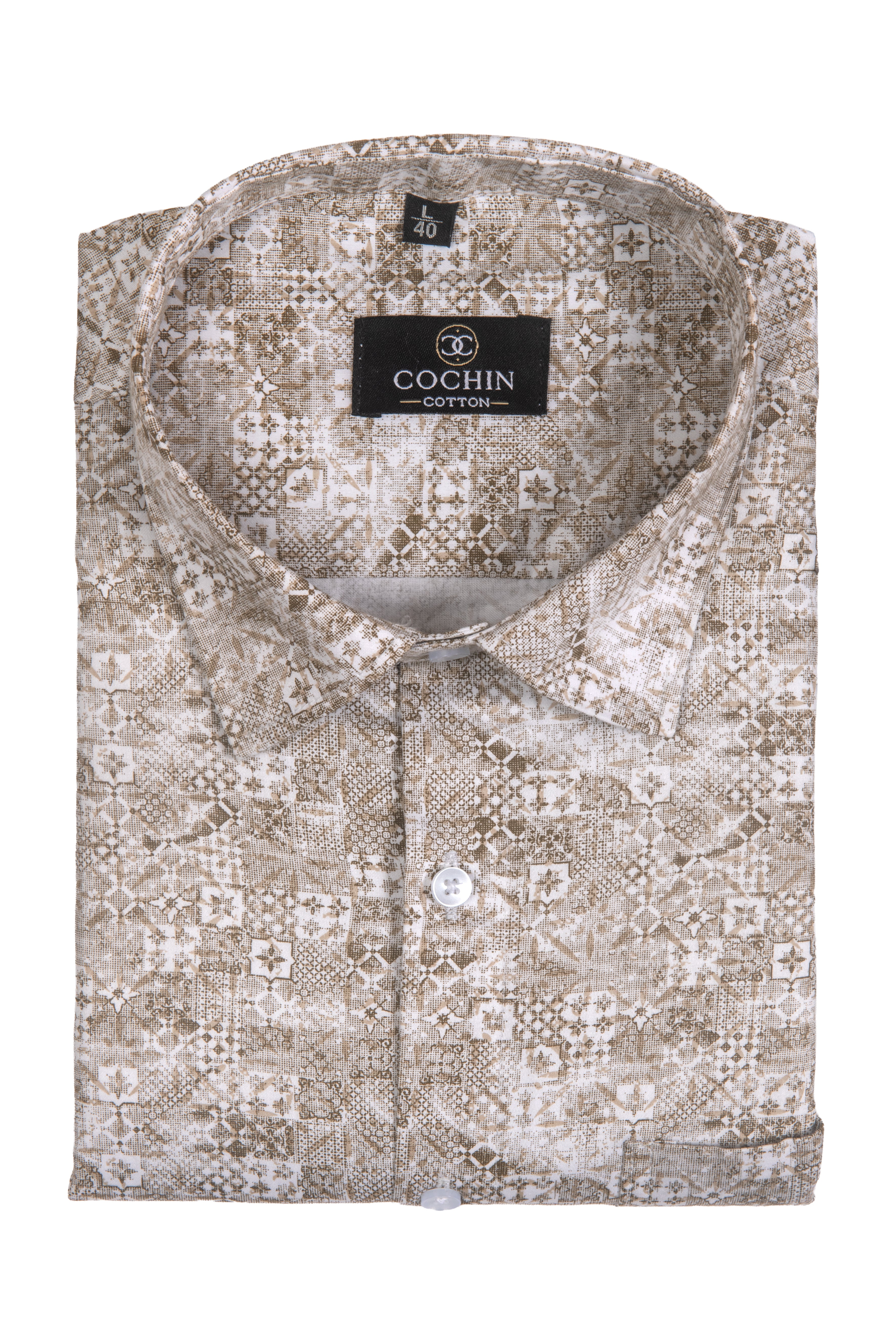 A folded men's dress shirt by Cochin, featuring a beige and brown snakeskin pattern with a subtle geometric overlay, set against a plain white background.