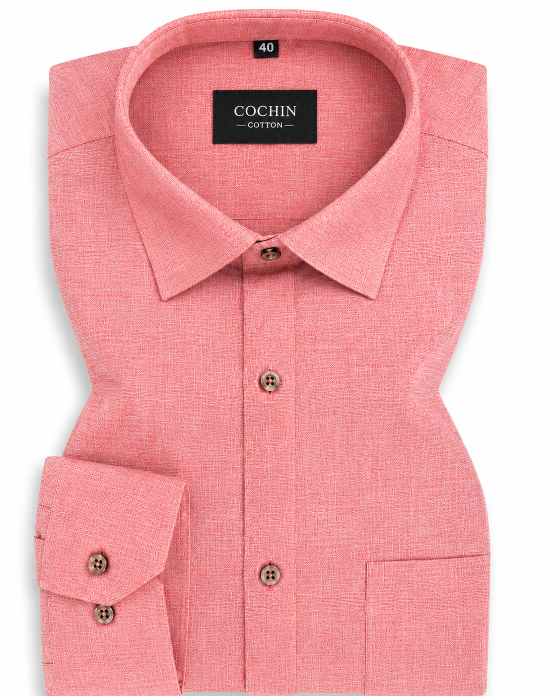 Pink dress shirt with 'Cochin Cotton' label on a white background