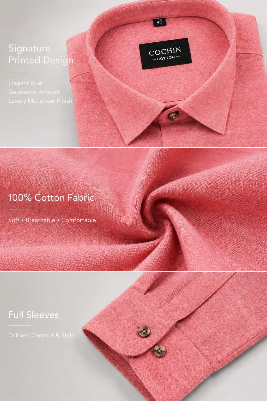 Pink shirt with Cochin label on a light gray background
