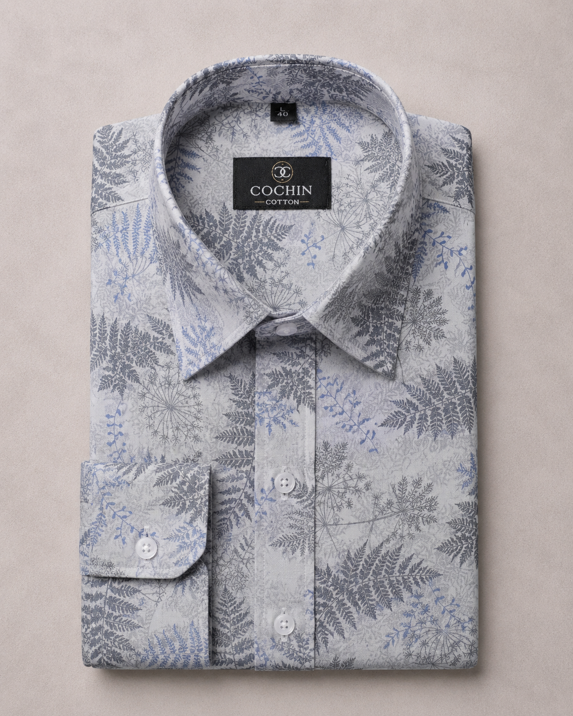Cochin Cotton Grey-Blue Botanical Printed Cotton Shirt