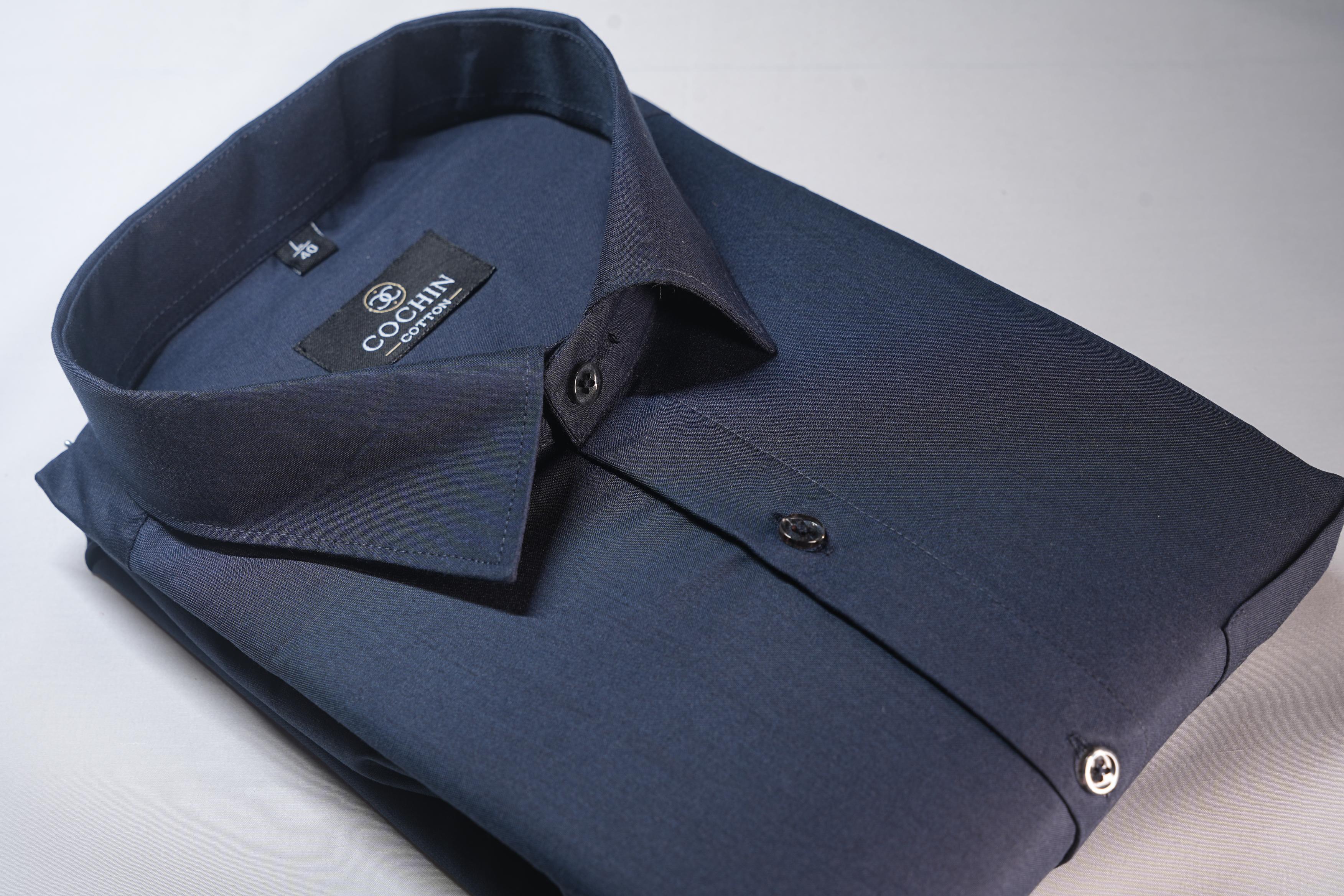 Cochin Cotton Solid Navy Blue Satin Shirt
