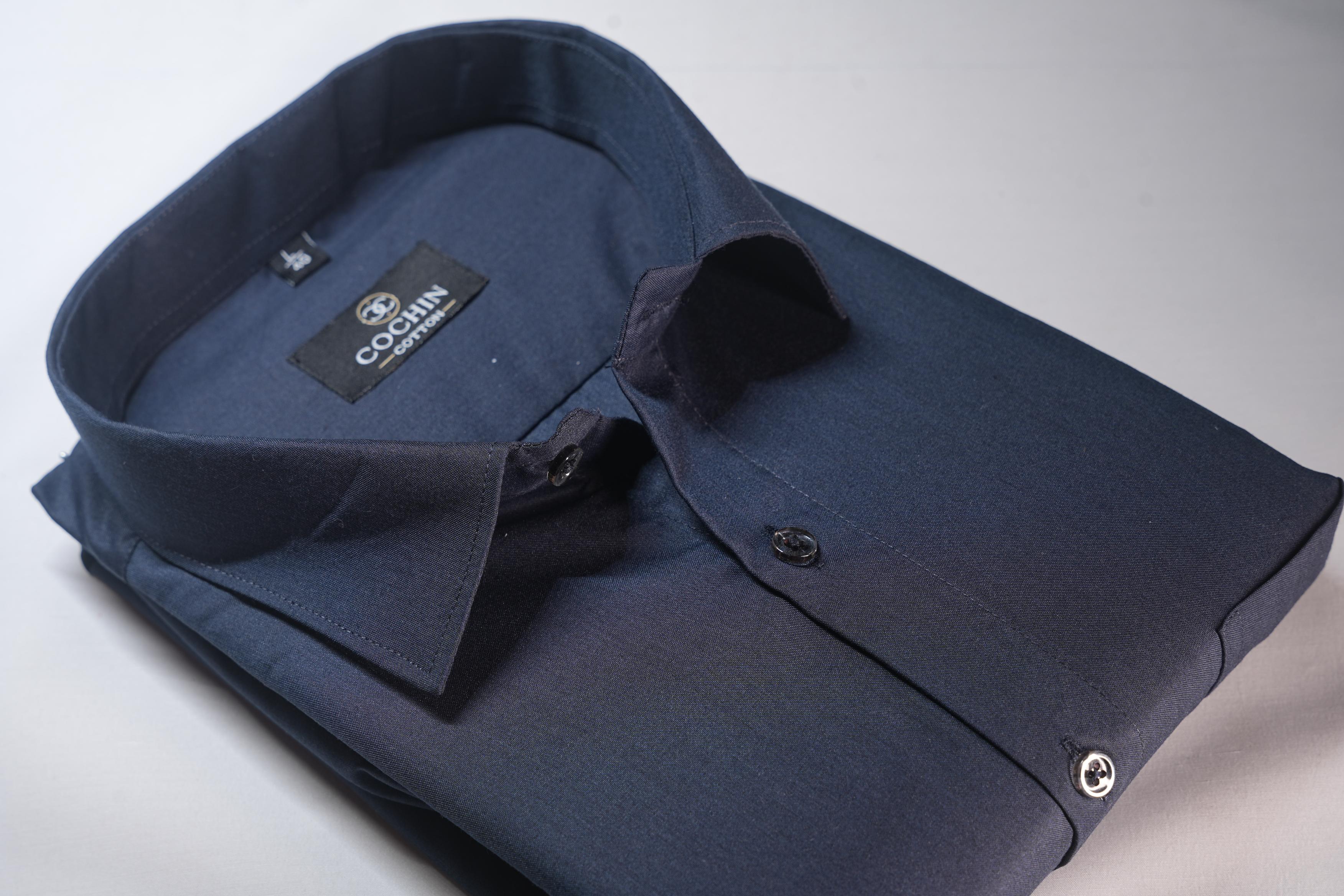 Cochin Cotton Solid Navy Blue Satin Shirt