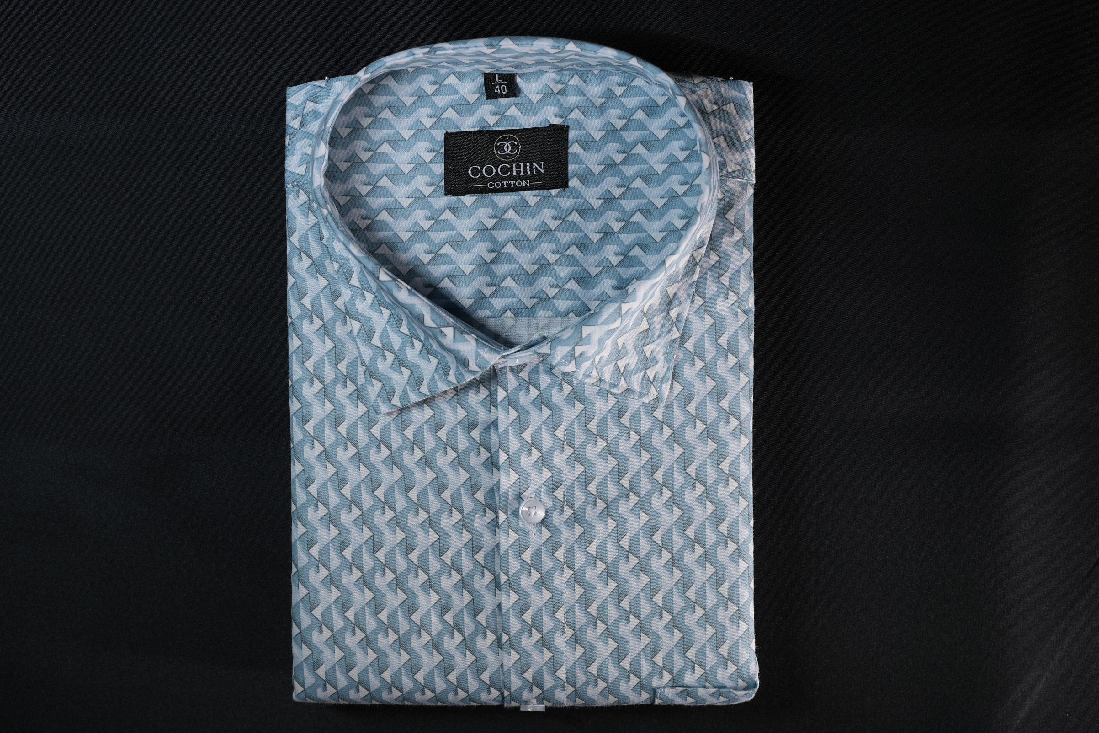 Cochin Cotton Sky Blue Geometric Printed Cotton Shirt