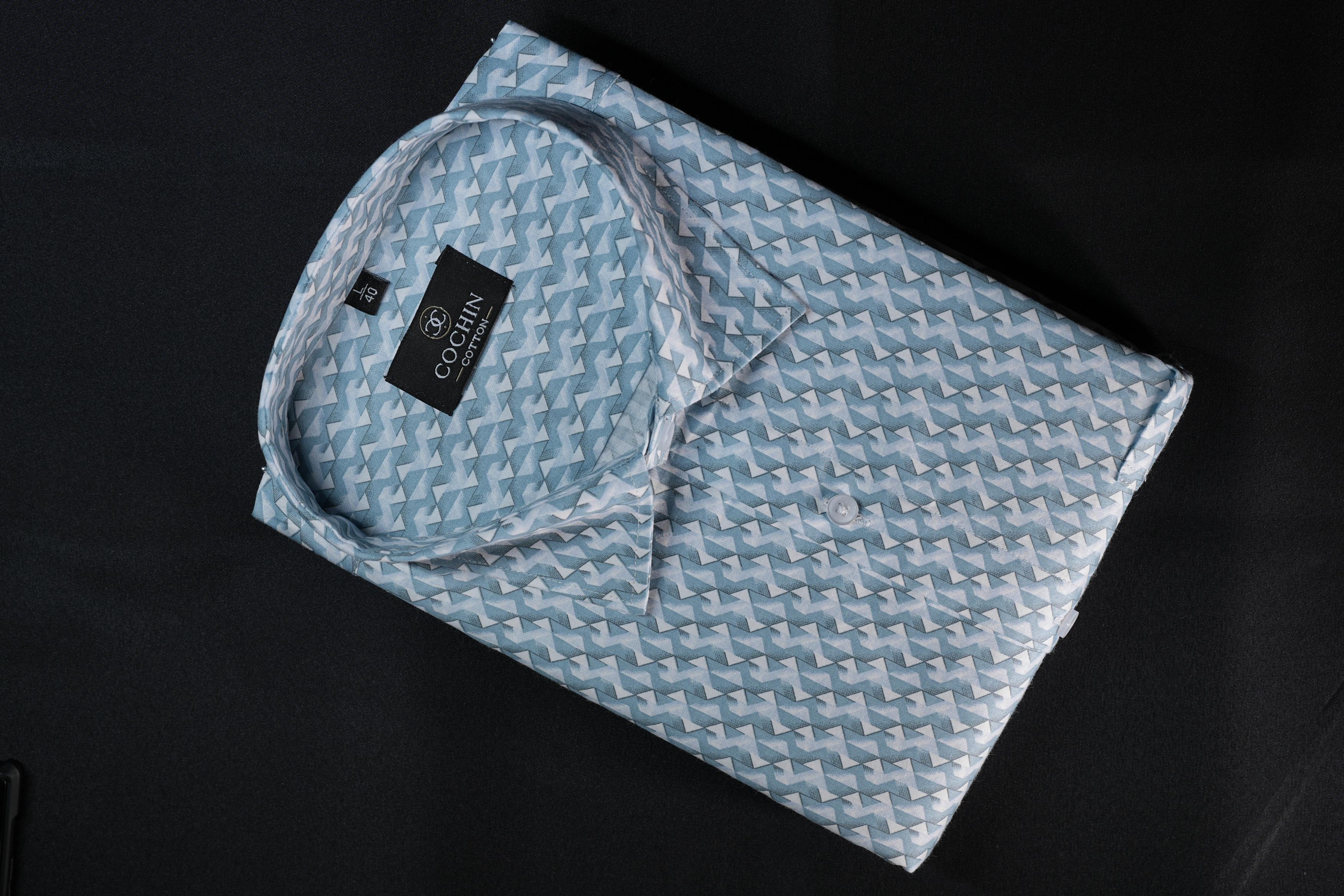 Cochin Cotton Sky Blue Geometric Printed Cotton Shirt