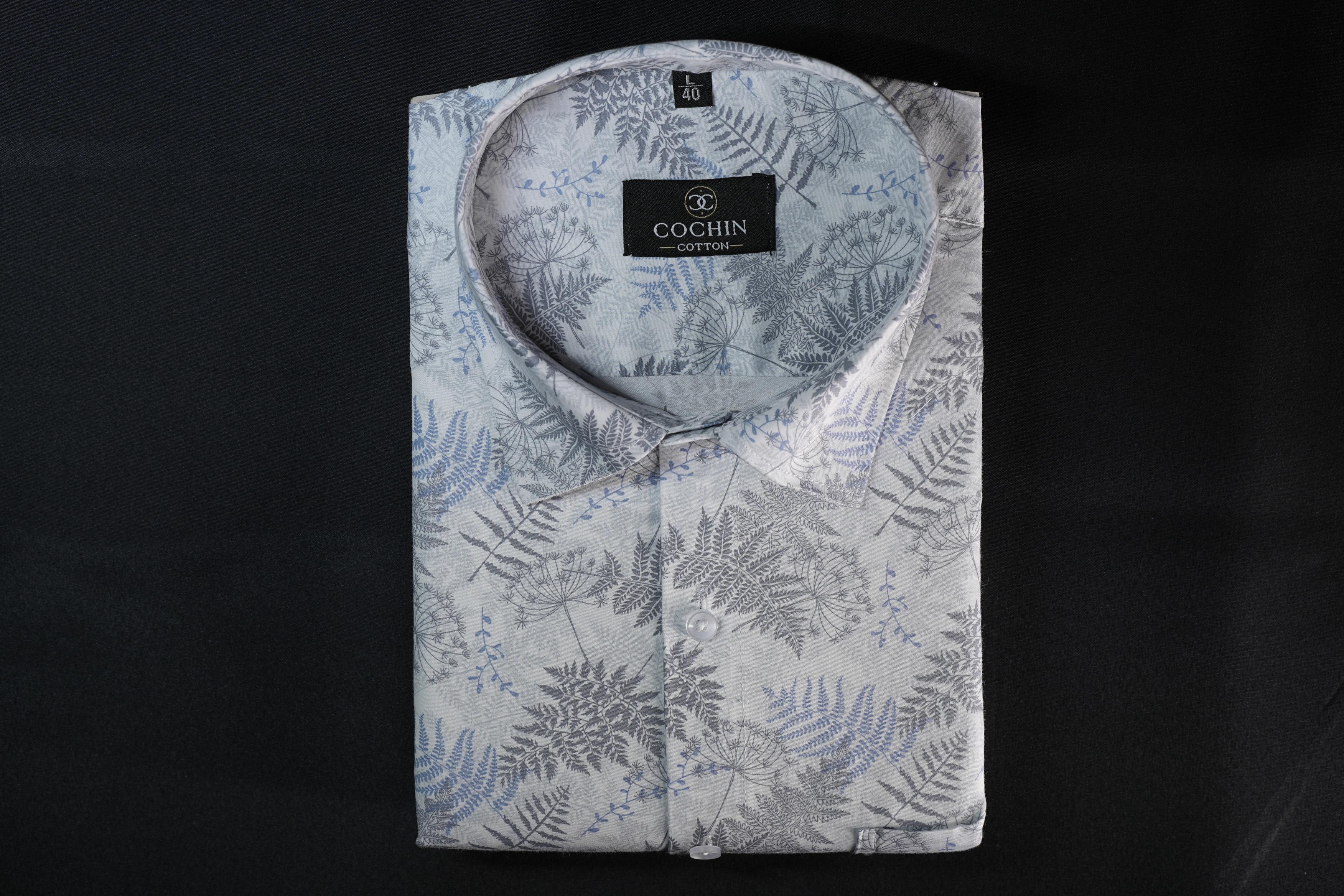 Cochin Cotton Grey-Blue Botanical Printed Cotton Shirt