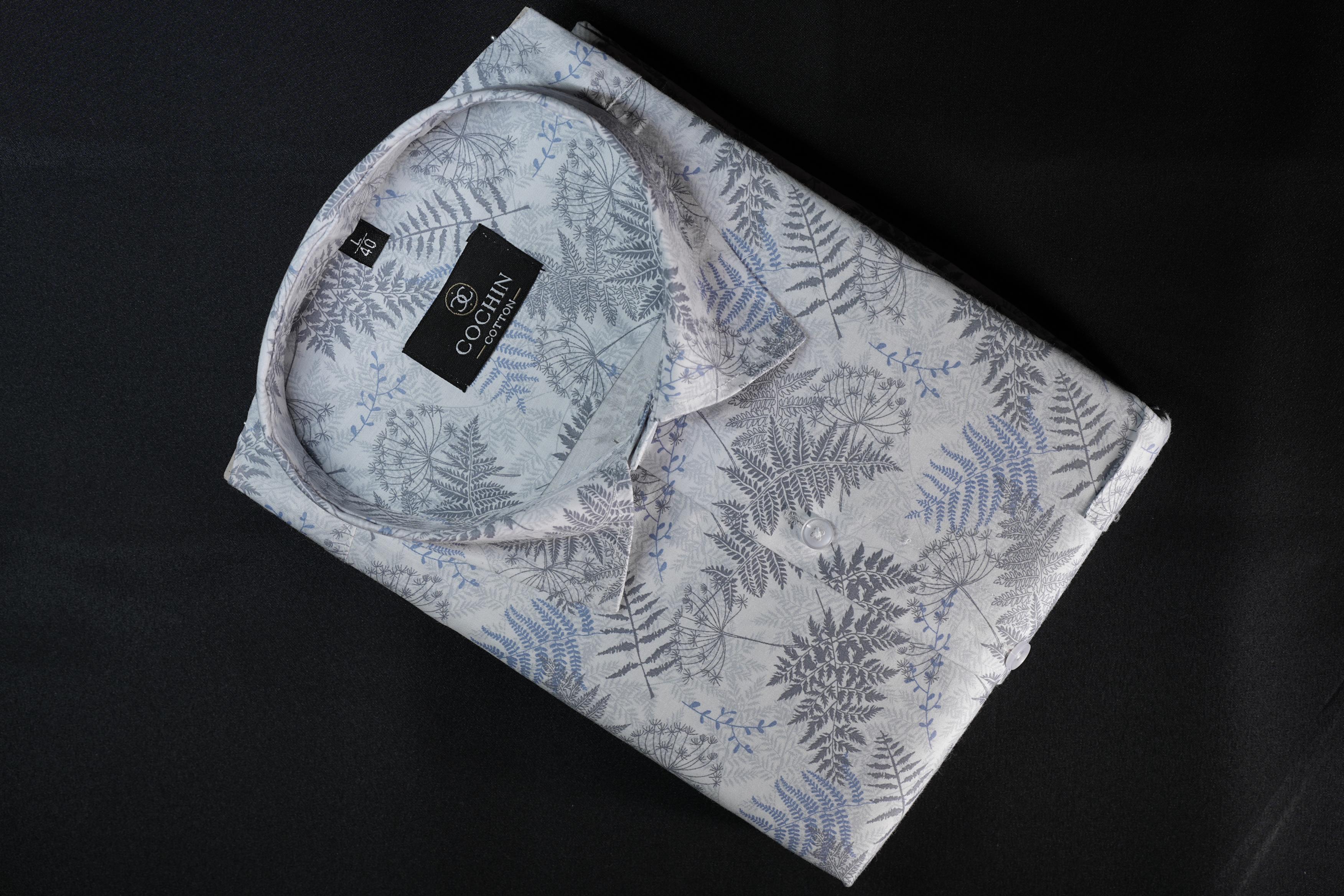 Cochin Cotton Grey-Blue Botanical Printed Cotton Shirt