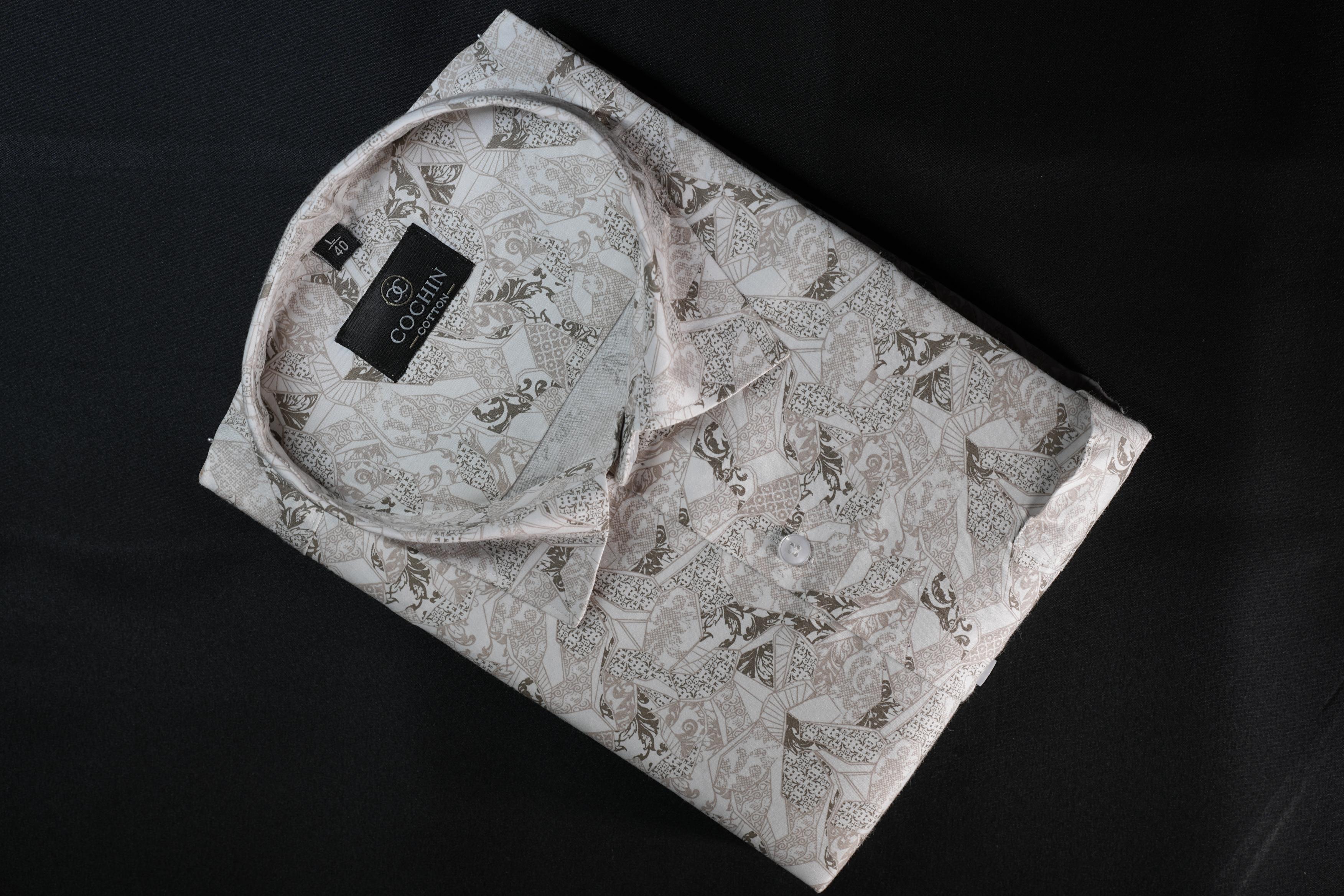 Cochin Cotton Beige Abstract Mosaic Printed Cotton Shirt