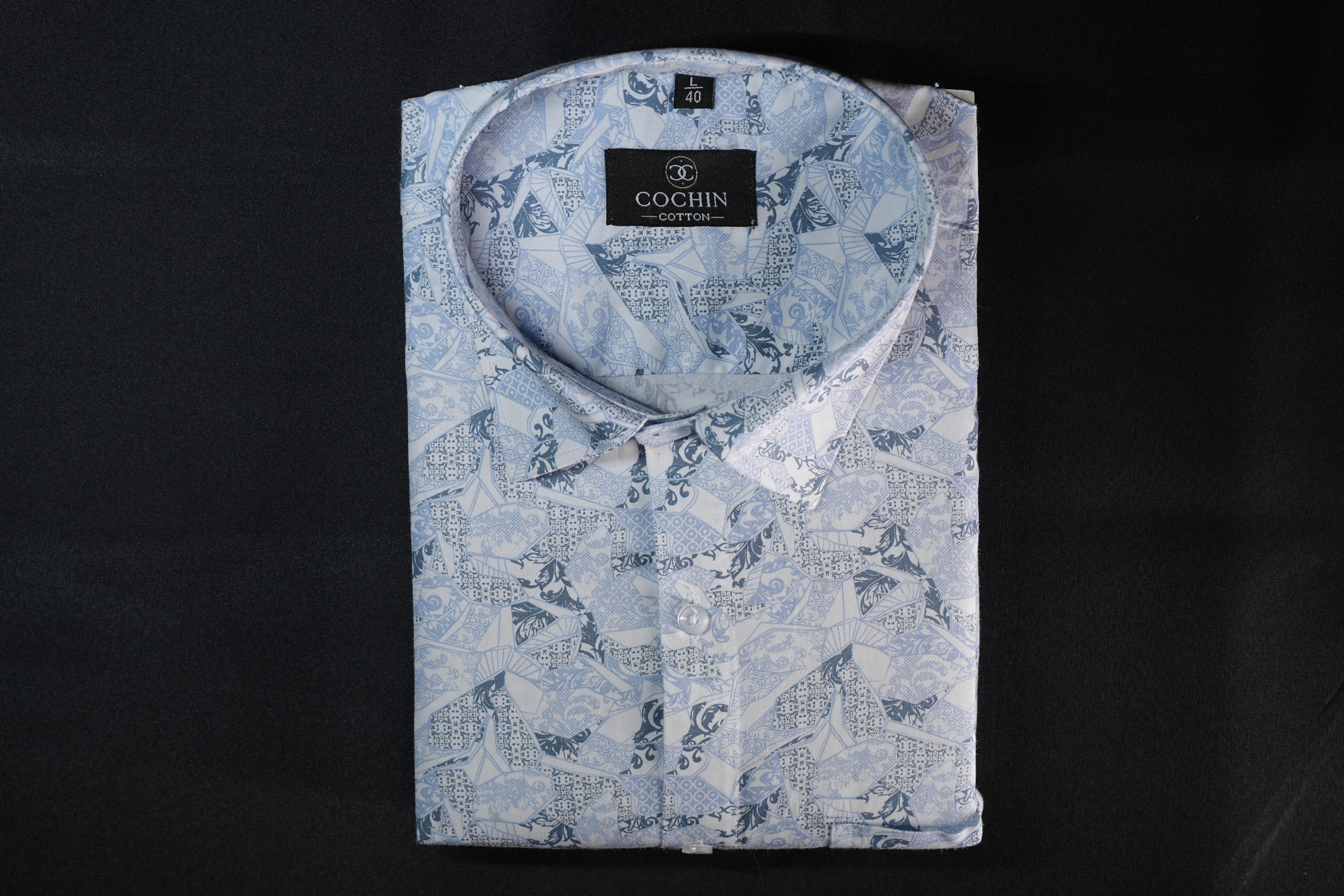 Cochin Cotton Sky Blue Patchwork Printed Cotton Shirt
