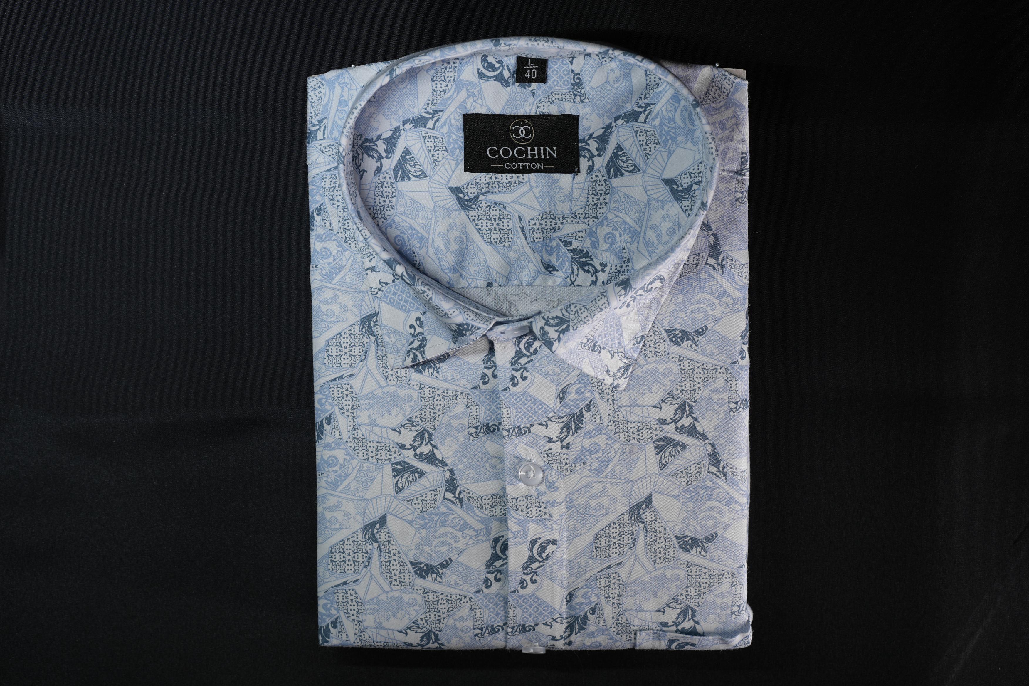 Cochin Cotton Sky Blue Patchwork Printed Cotton Shirt