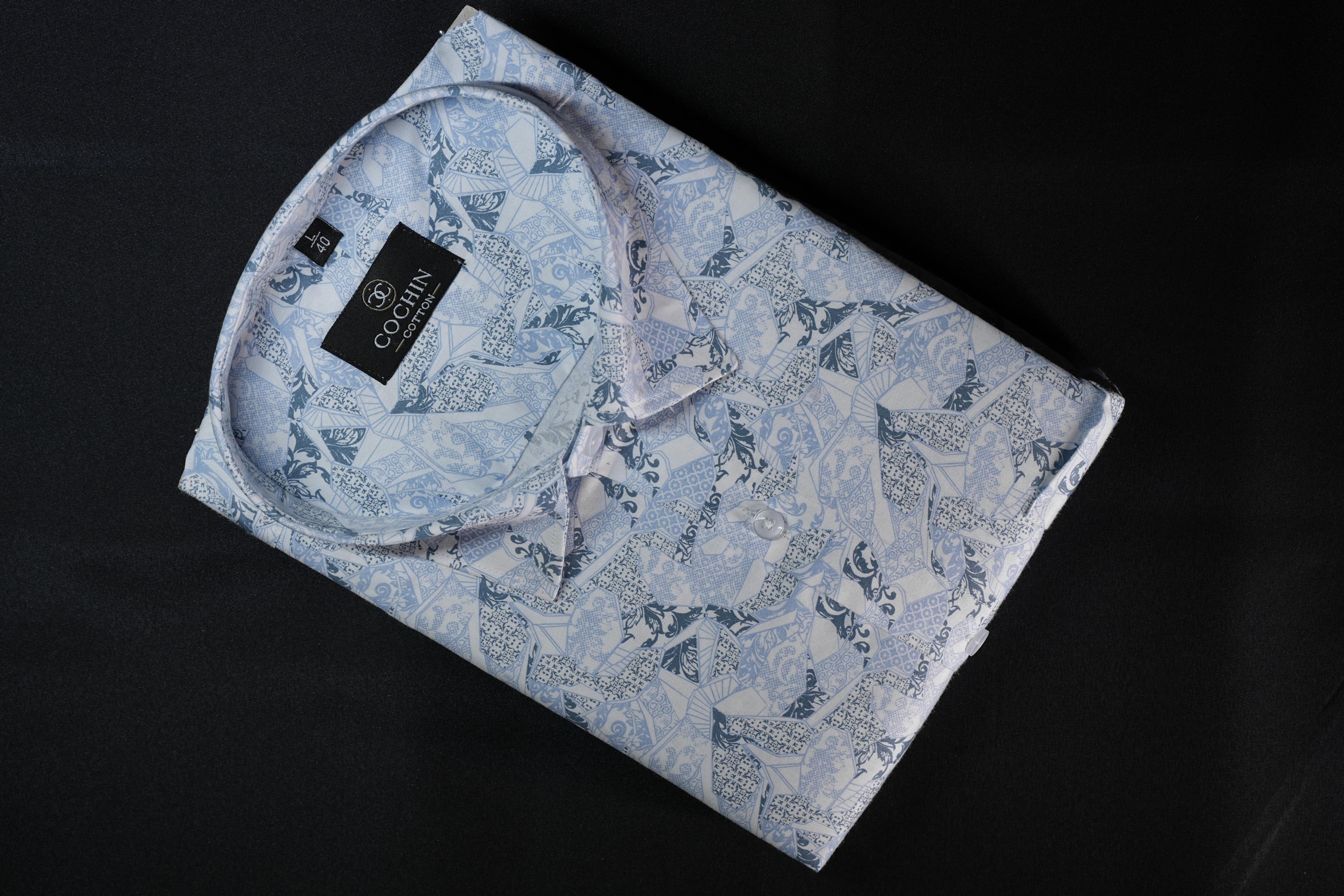Cochin Cotton Sky Blue Patchwork Printed Cotton Shirt