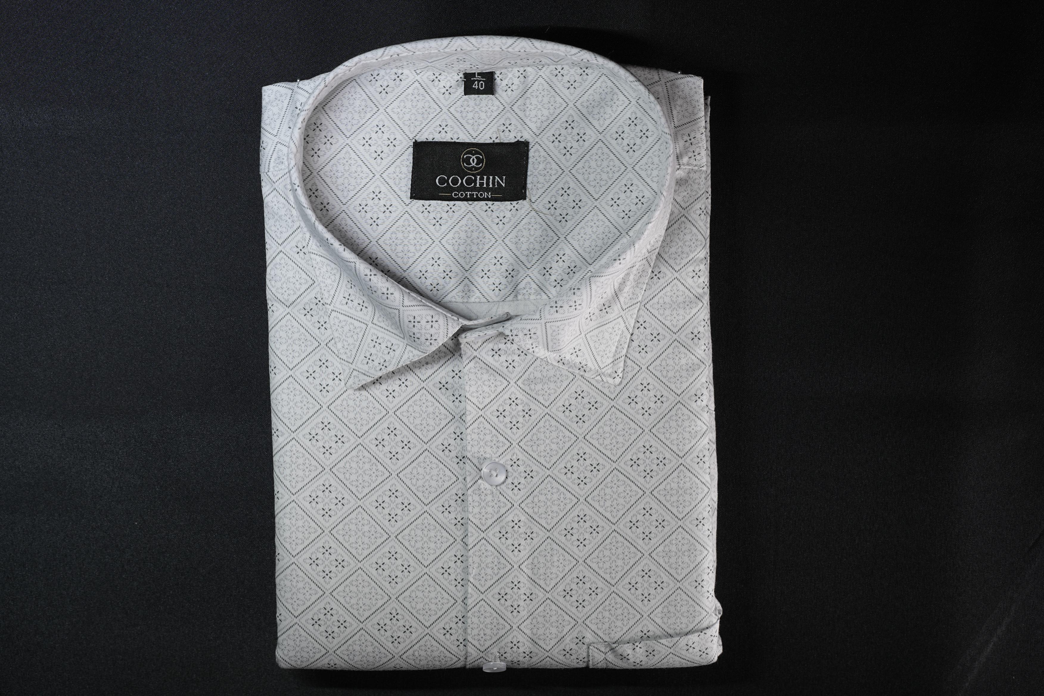 Cochin Cotton White Micro Diamond Printed Cotton Shirt