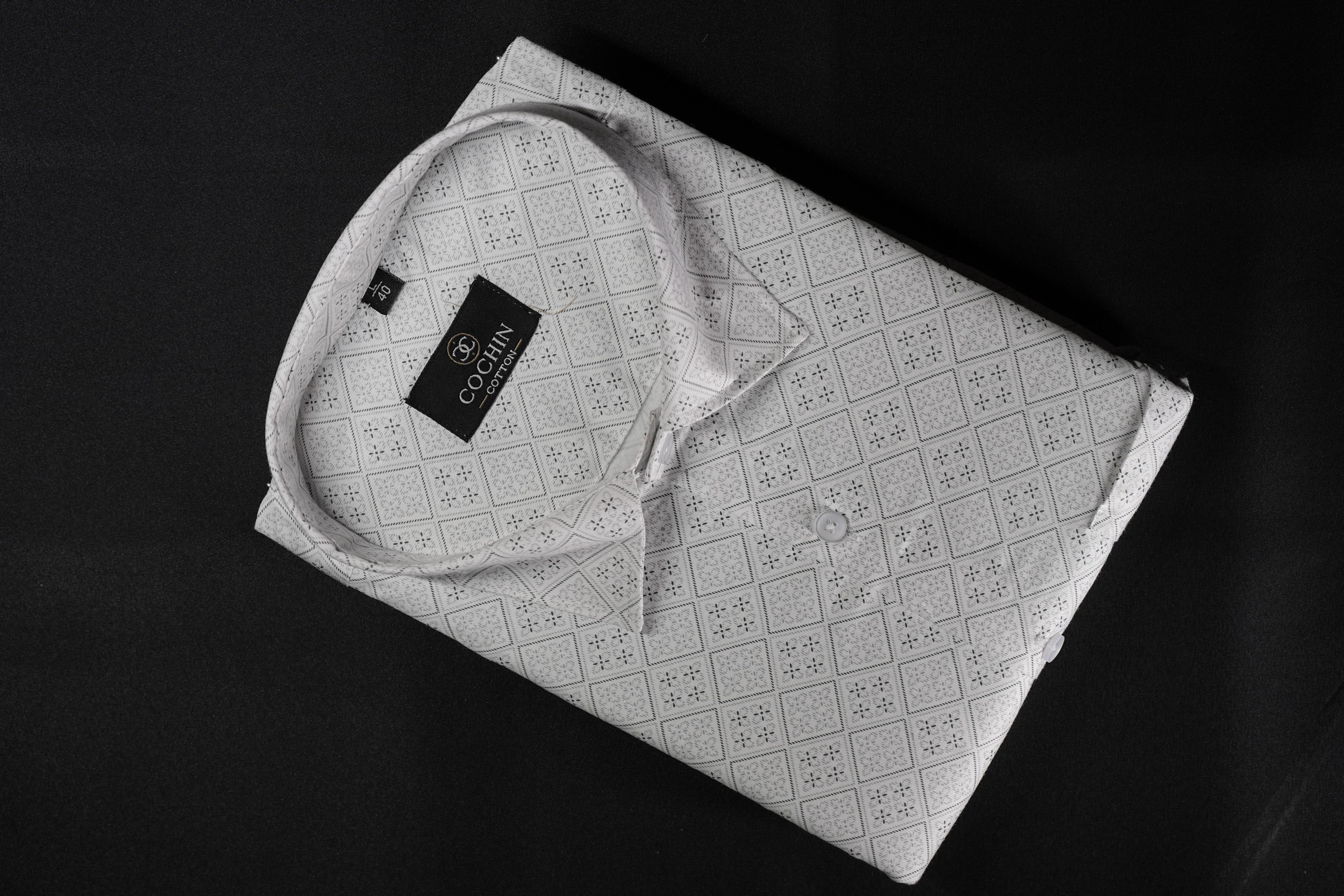 Cochin Cotton White Micro Diamond Printed Cotton Shirt