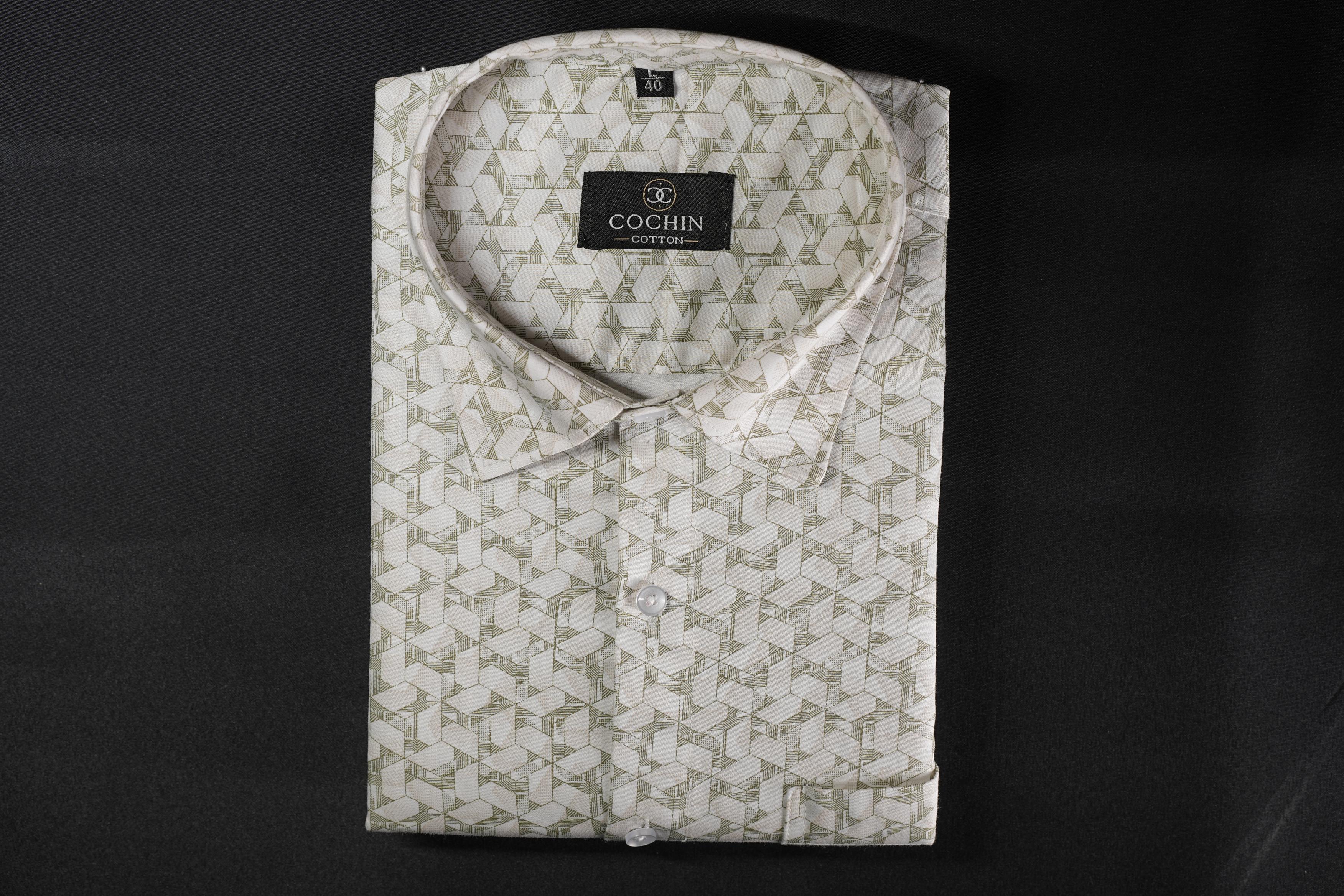 Cochin Cotton Olive Geometric Printed Cotton Shirt