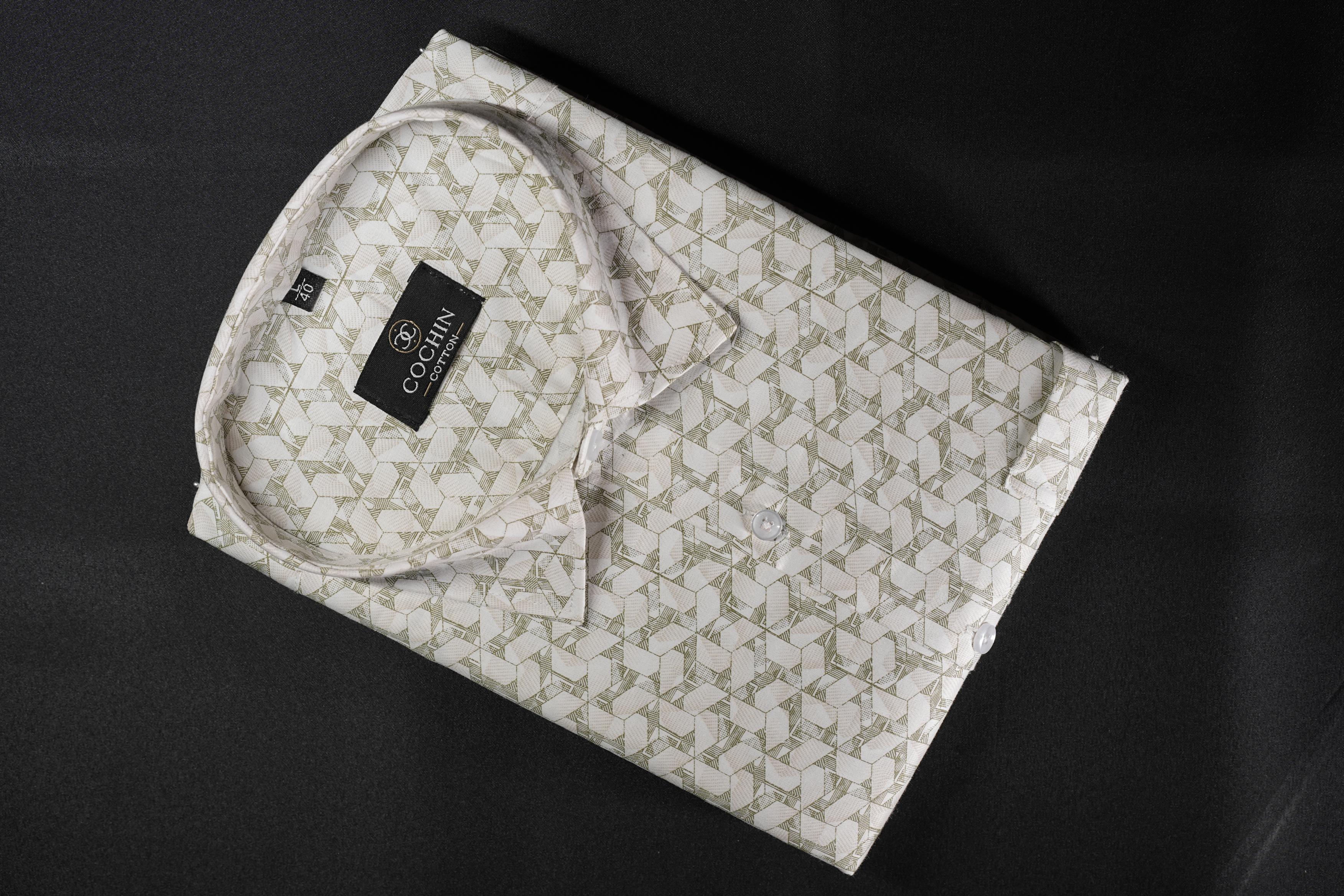 Cochin Cotton Olive Geometric Printed Cotton Shirt