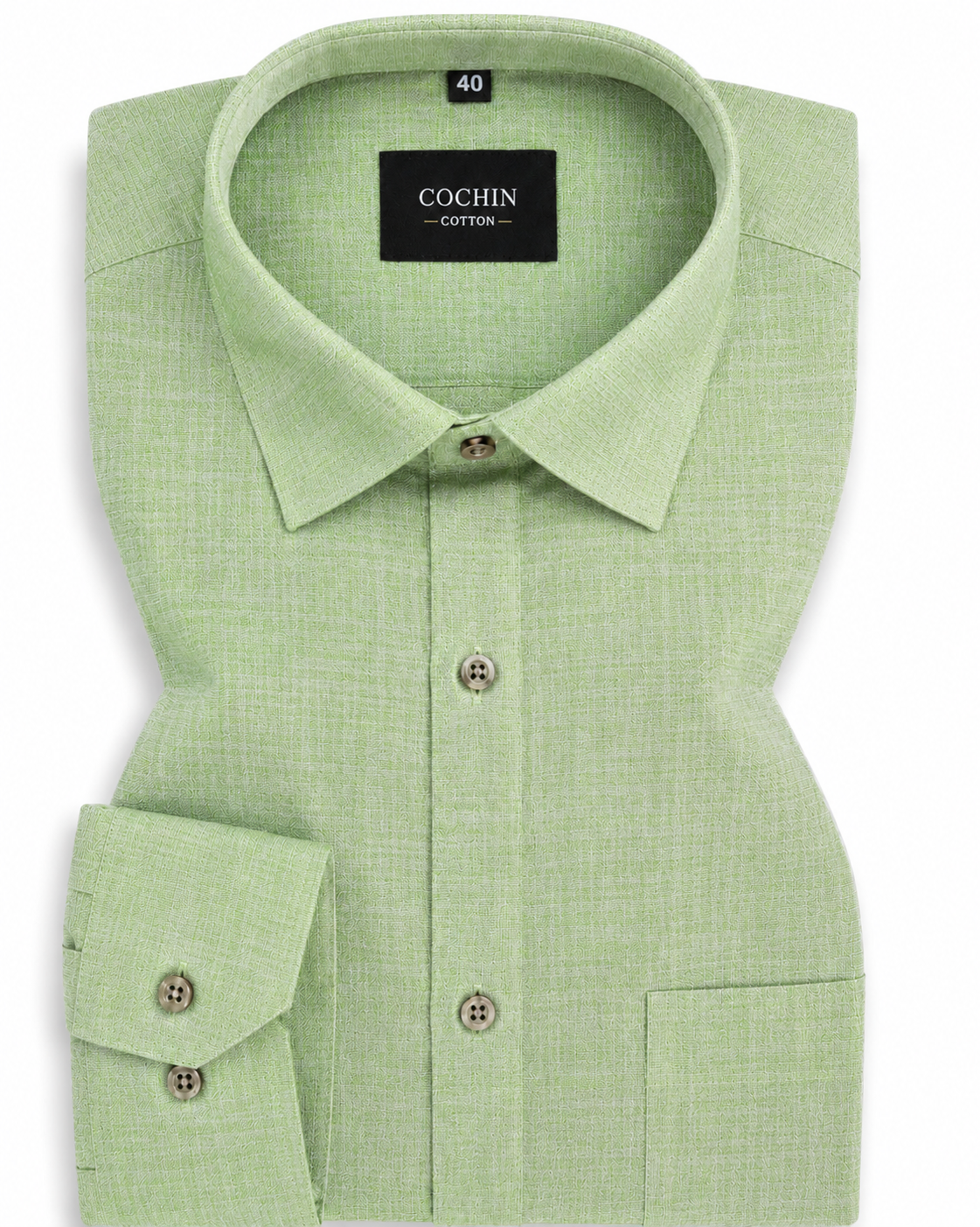 Green checkered shirt with 'Cochin Cotton' label on a white background