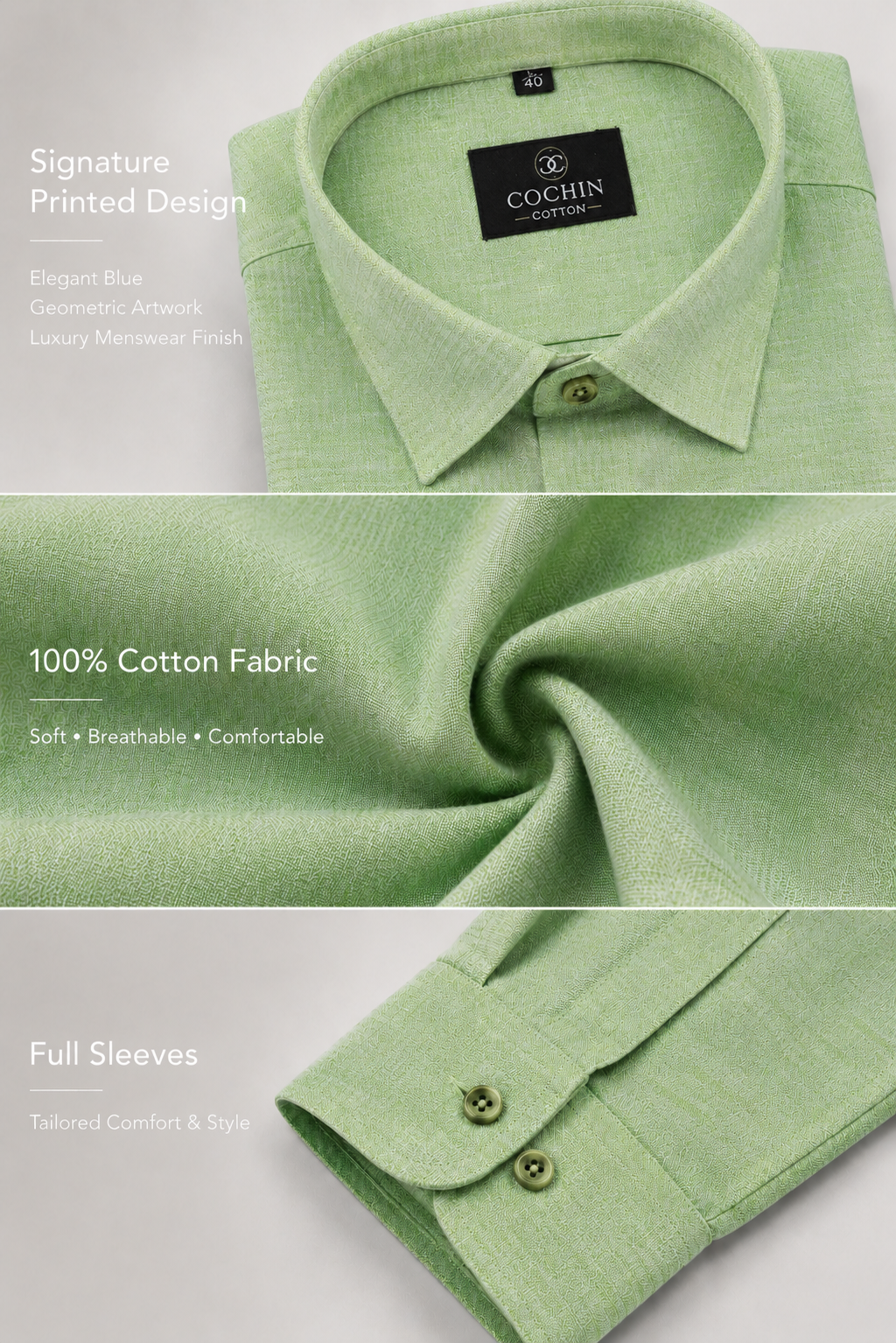 Green shirt with Cochin label, showing fabric texture and design details.