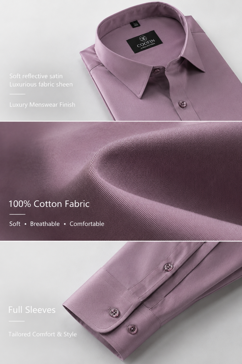 Purple dress shirt with Coopers label on a light gray background