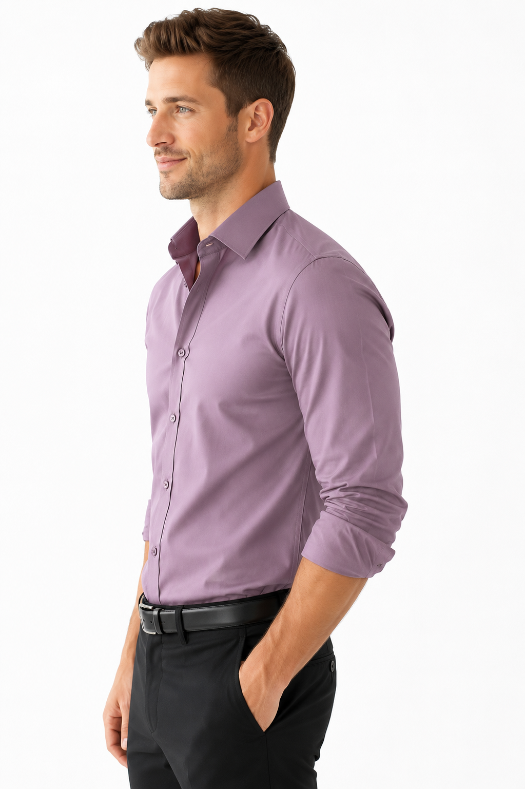 Man wearing a purple dress shirt and black pants on a white background