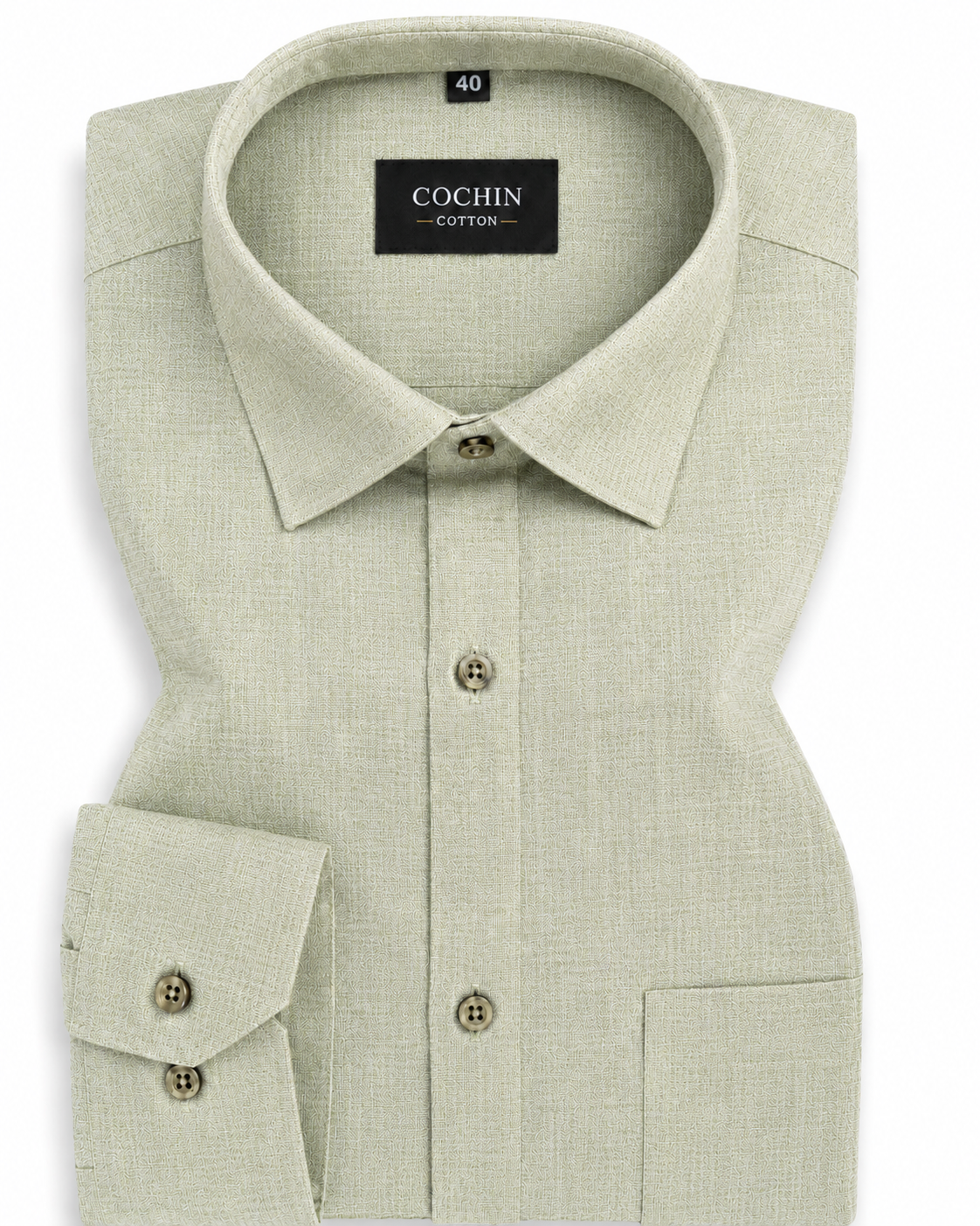 Light green shirt with collar and buttons on a white background, featuring 'Cochin' branding.
