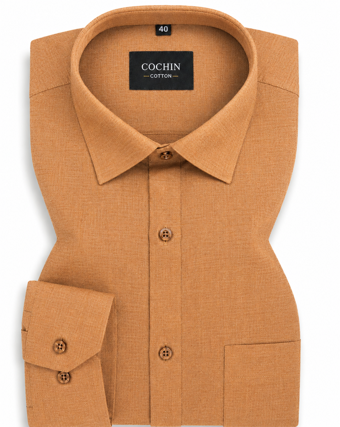 Brown shirt with collar and buttons on a white background, featuring 'Cochin' branding.
