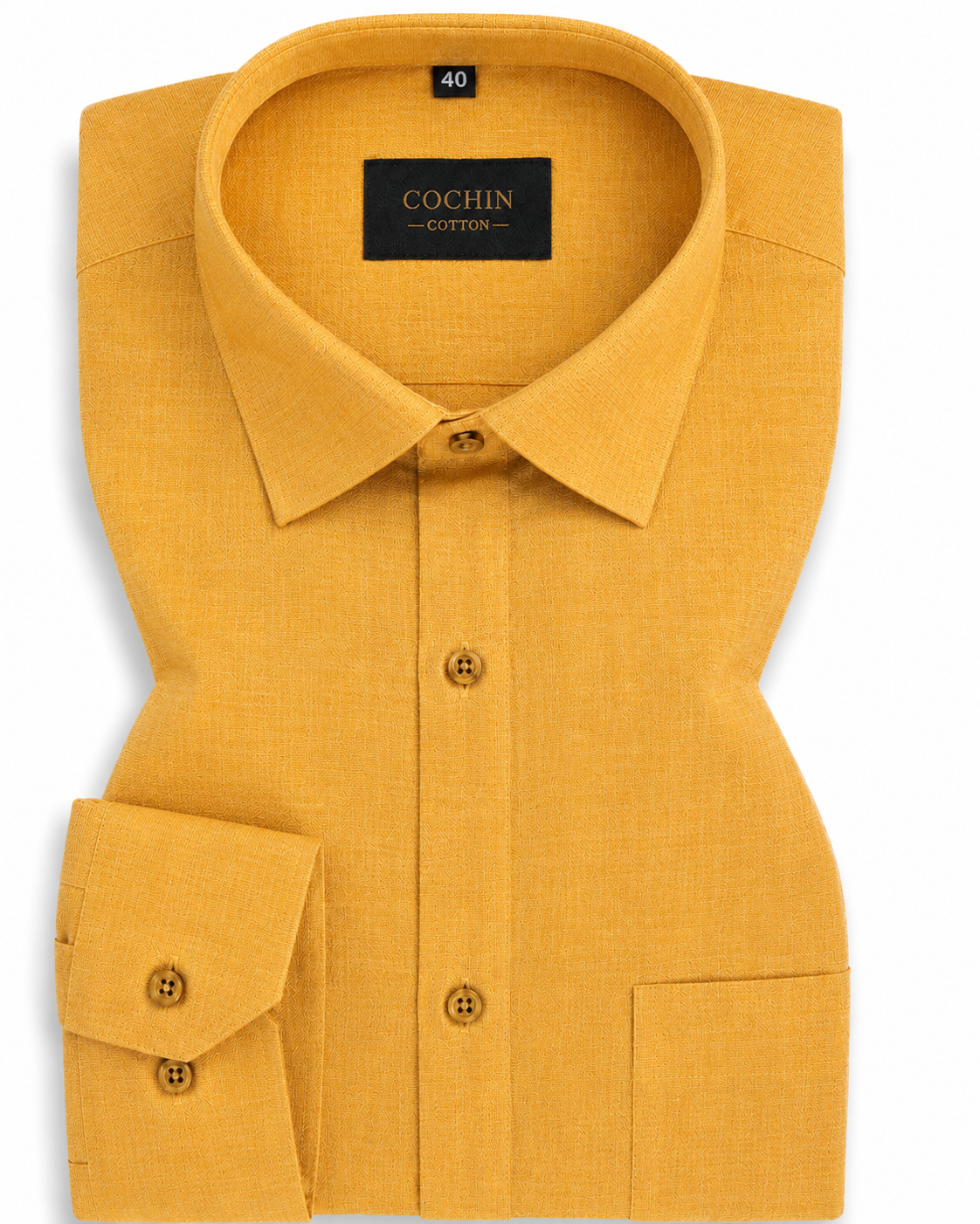 Yellow shirt with a collar on a white background, featuring the brand 'Cochin'.
