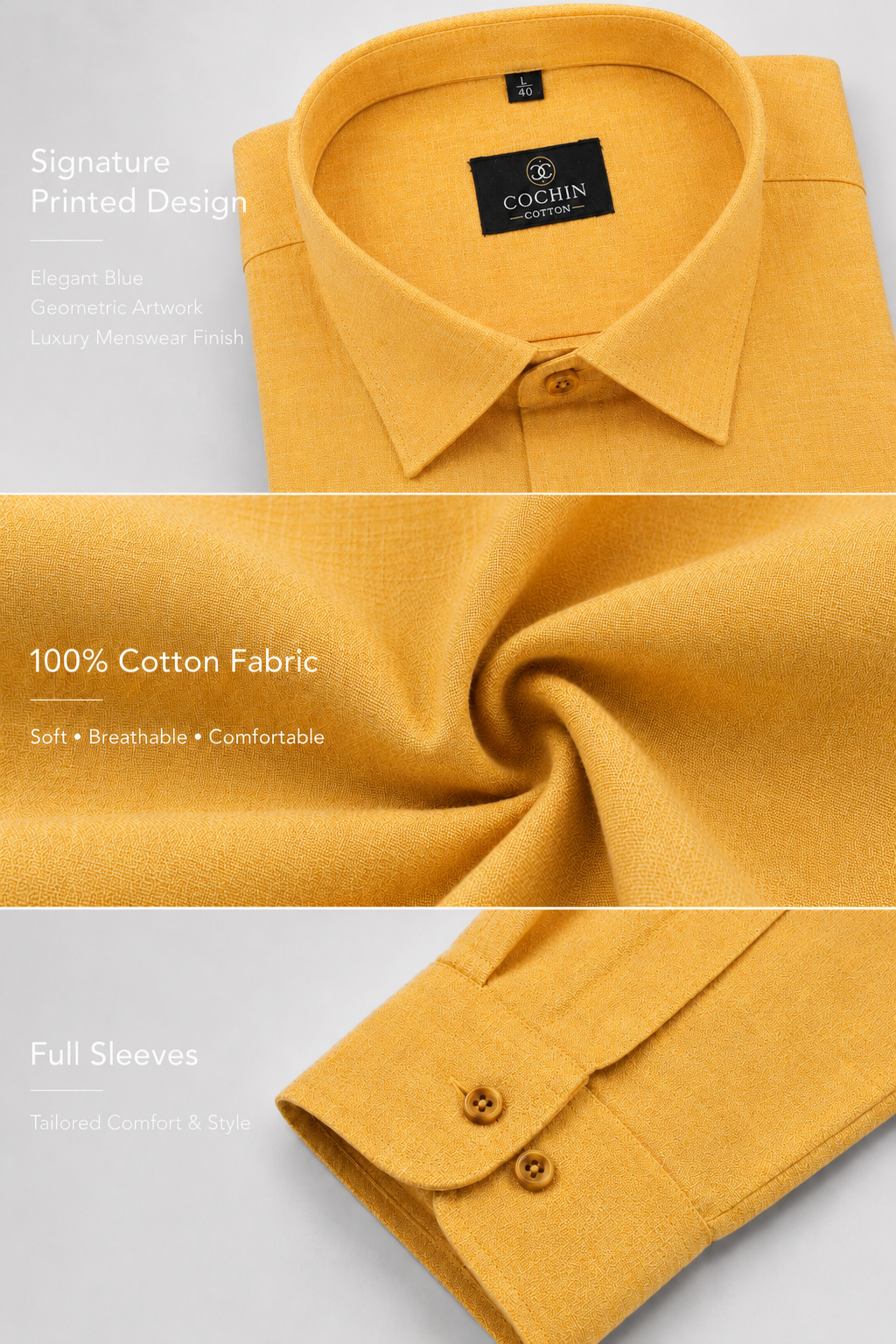 Yellow shirt with Cochrin label, showing fabric texture and full sleeves on a light gray background.