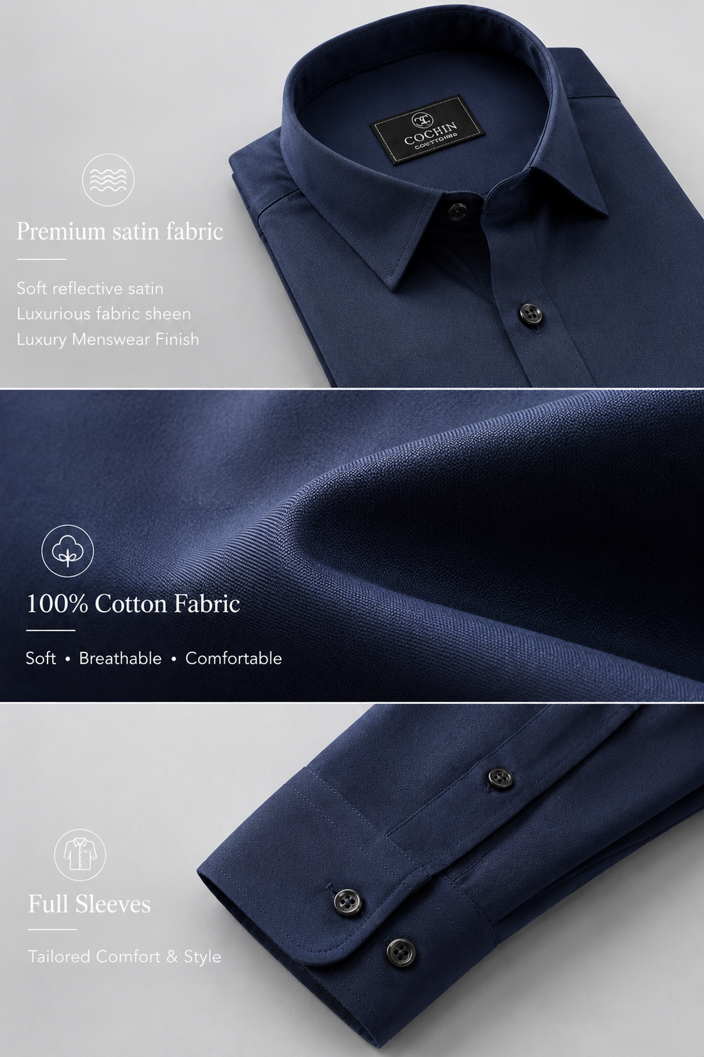 A navy blue long-sleeve dress shirt shown in a three-panel composite with feature callouts: premium satin fabric, 100% cotton fabric, and full sleeves. The shirt is folded to show the collar, front buttons, and fabric texture on a light gray background.