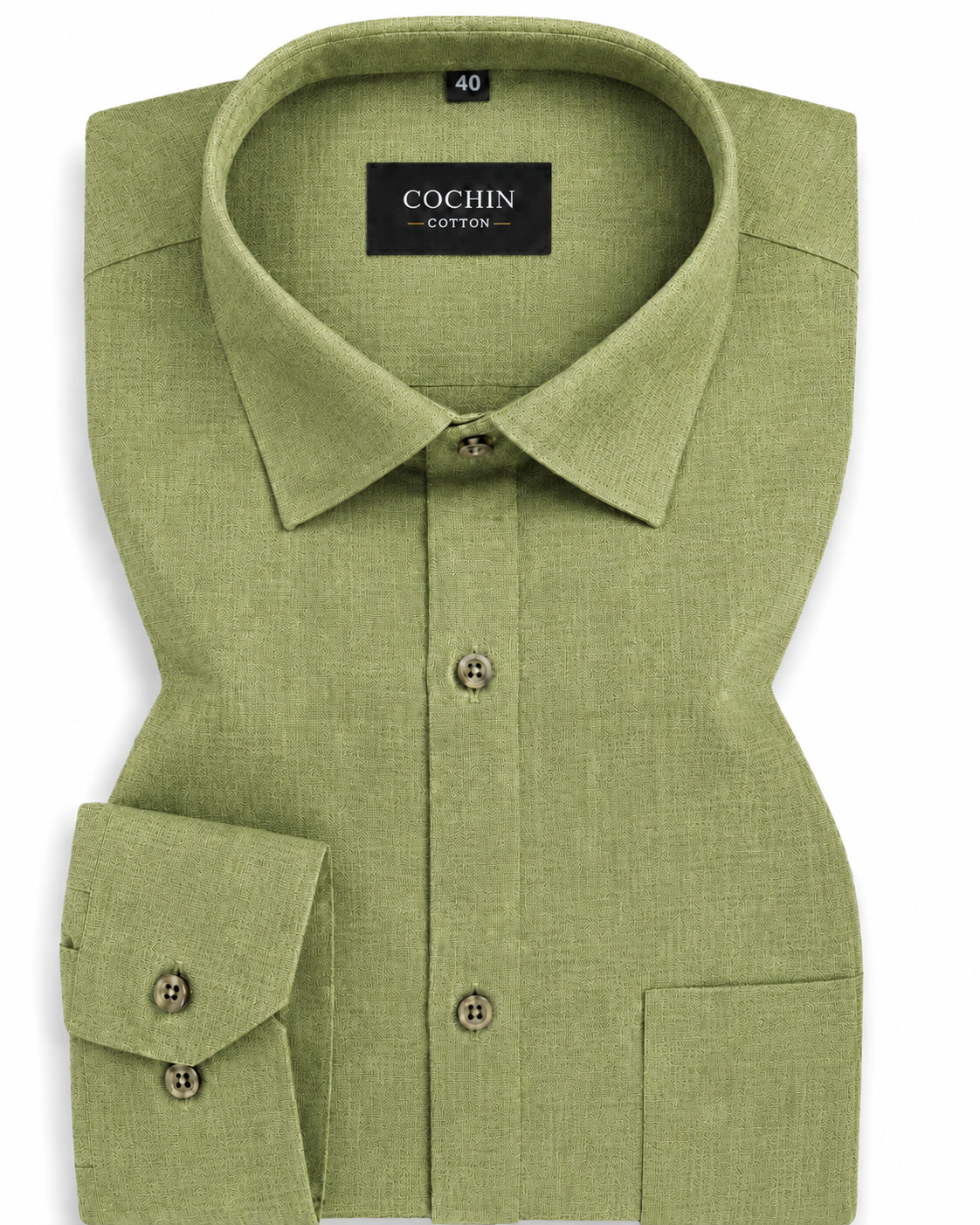Green sleeveless shirt with collar and button details on a white background, featuring 'Cochin Cotton' branding.