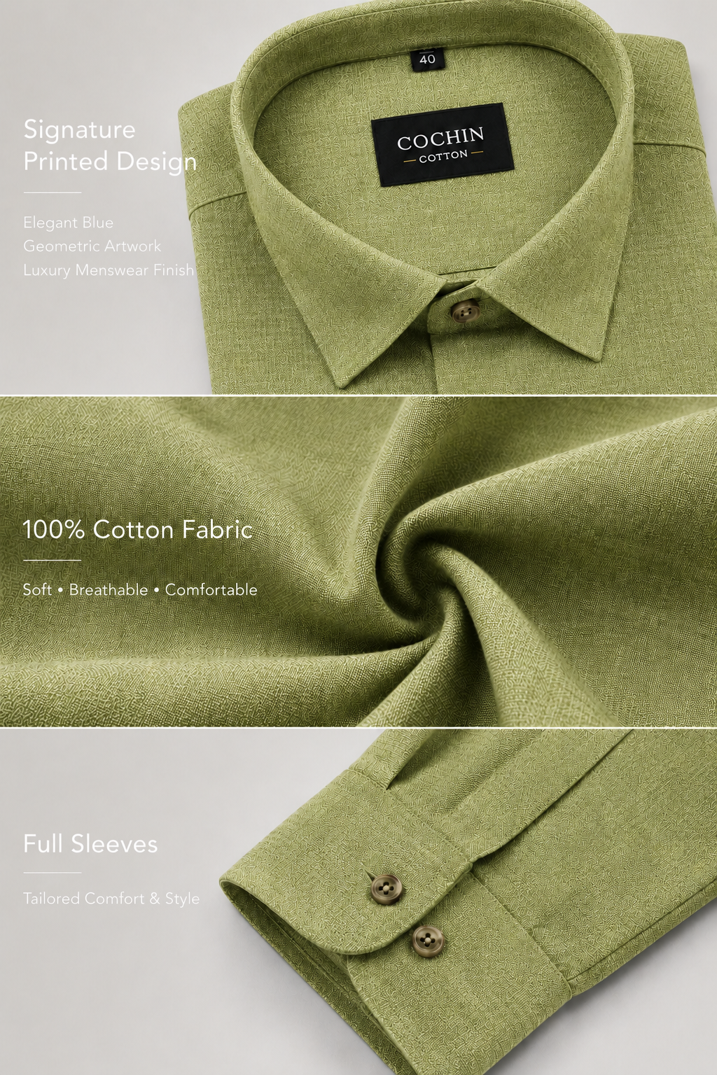 Green shirt with Cochin label, showcasing fabric and sleeve details on a light gray background.