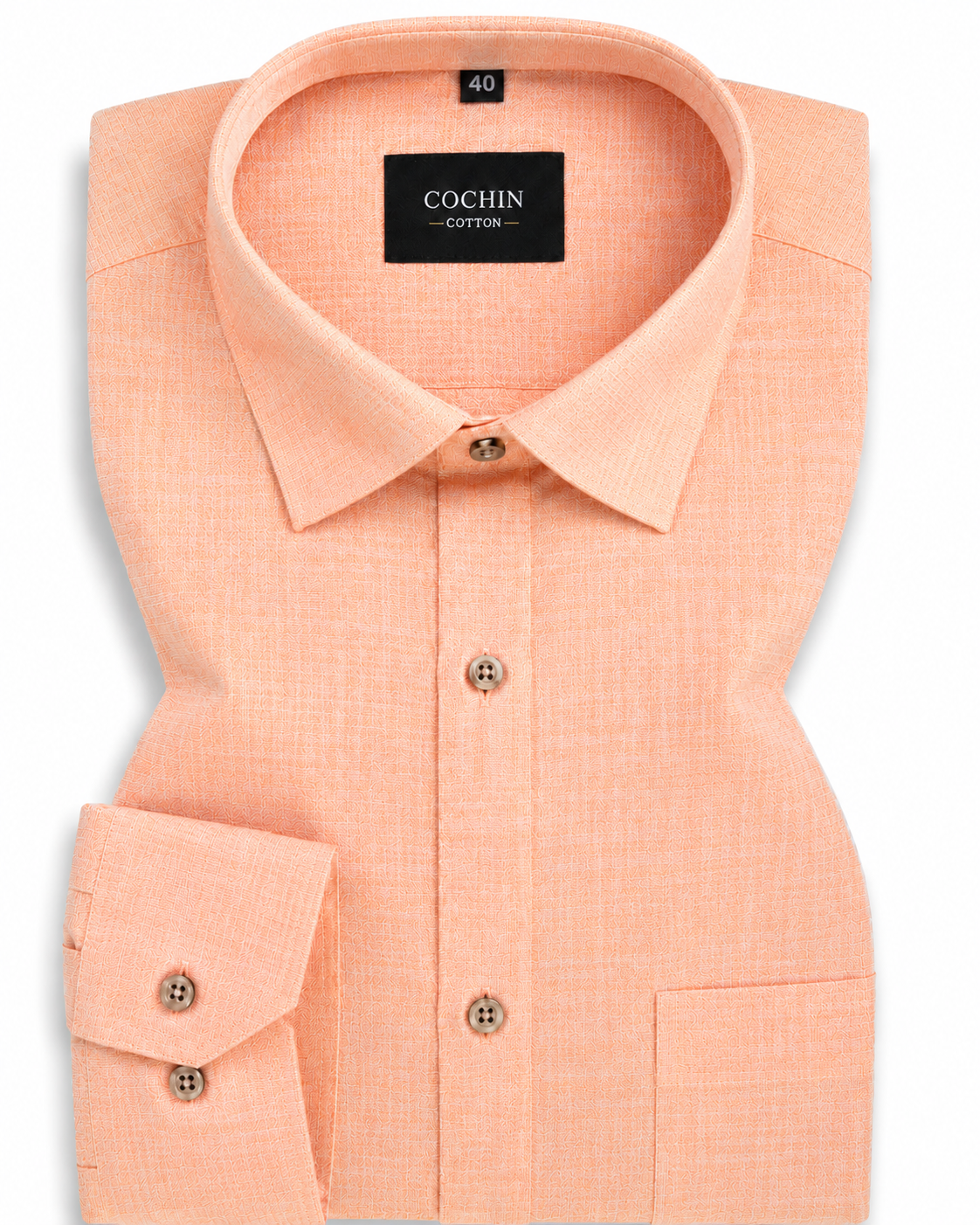 Peach-colored dress shirt with a visible brand label on a white background