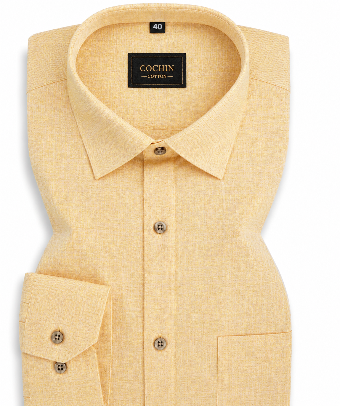Yellow dress shirt with collar and button details on a white background, featuring the 'Cochin' brand.