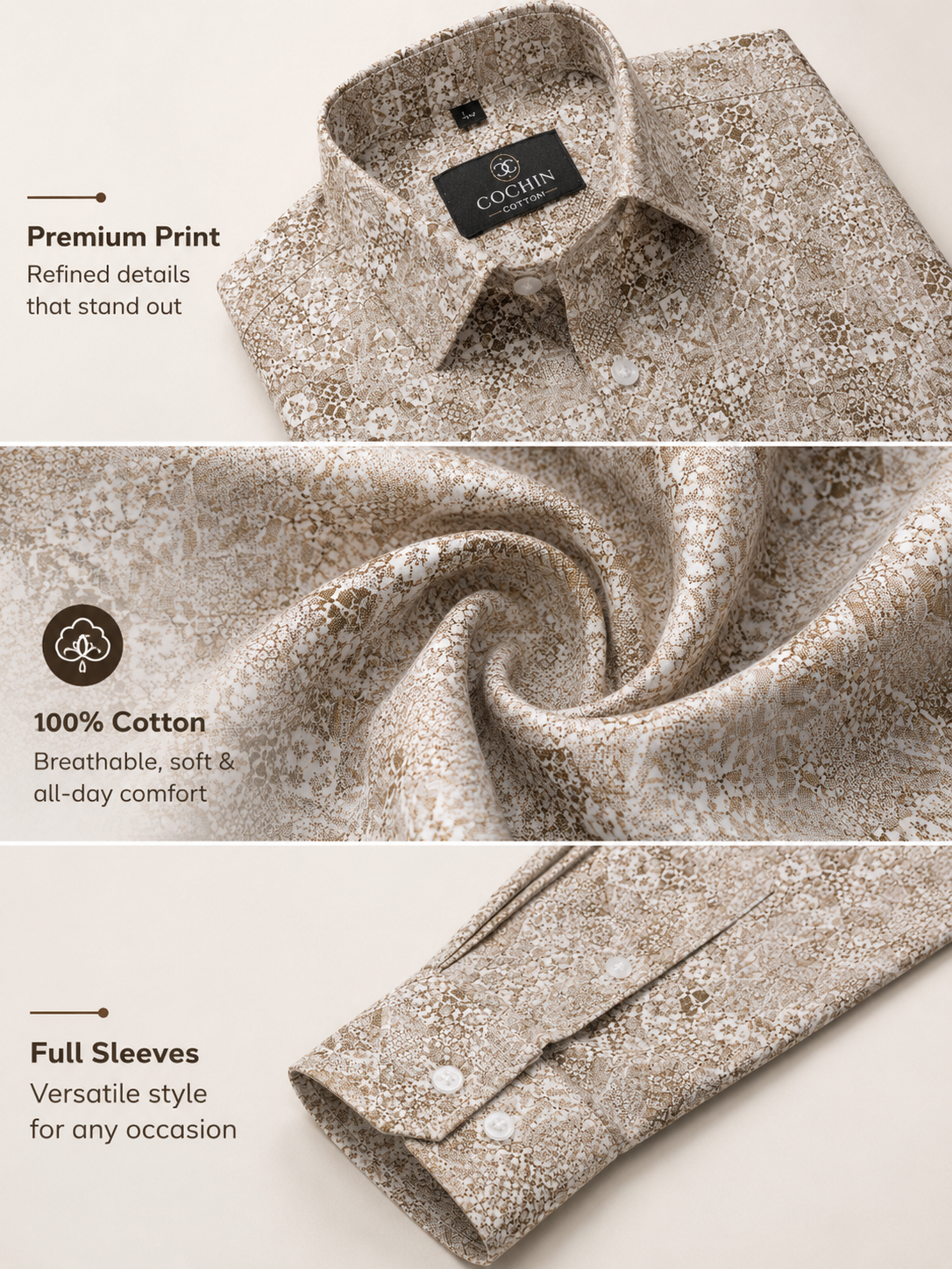 Floral patterned shirt with Cochin label, fabric swatch, and text about features.