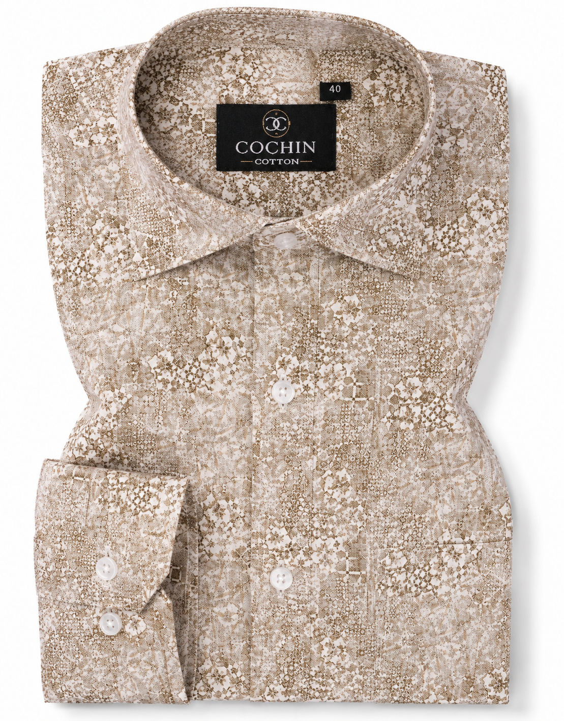 Floral patterned shirt with 'Cochin Cotton' label on a white background