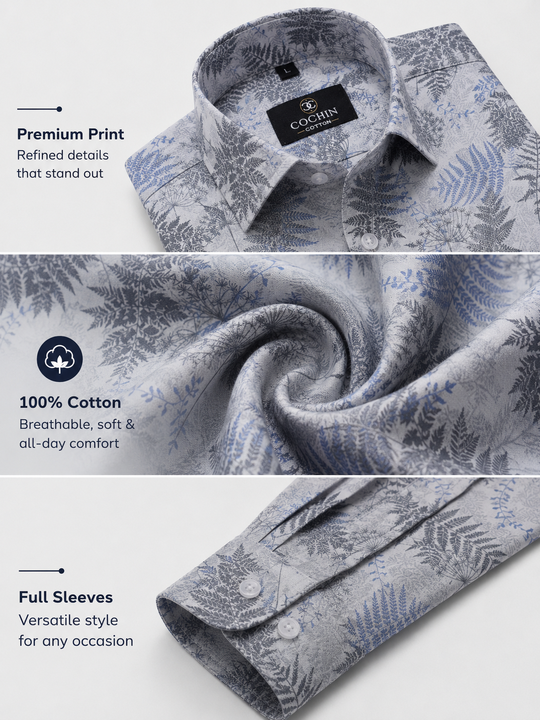 Gray floral patterned shirt with brand label, text about fabric and sleeve length on a white background