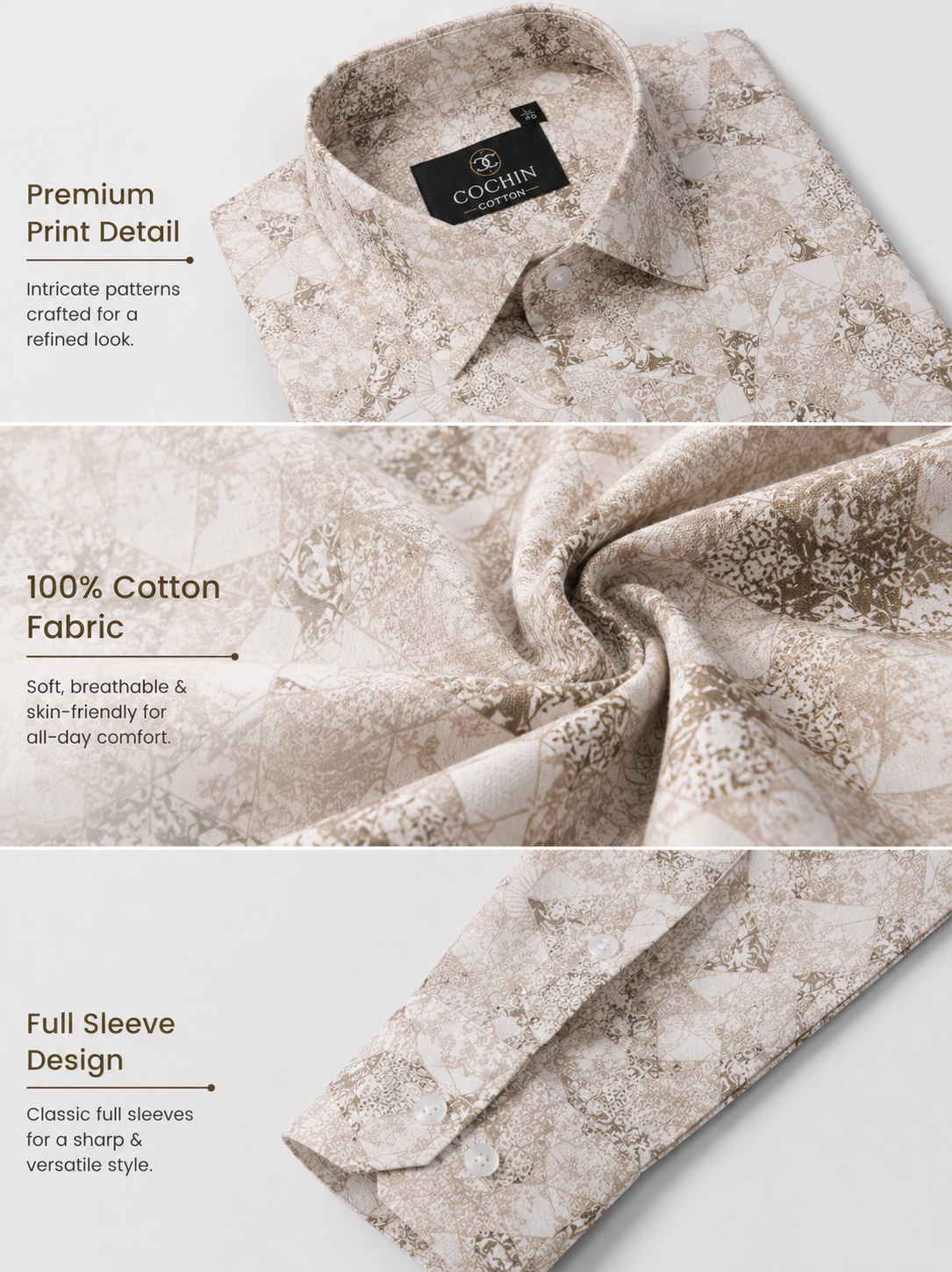 Folded shirt with Cochin label on a light gray background