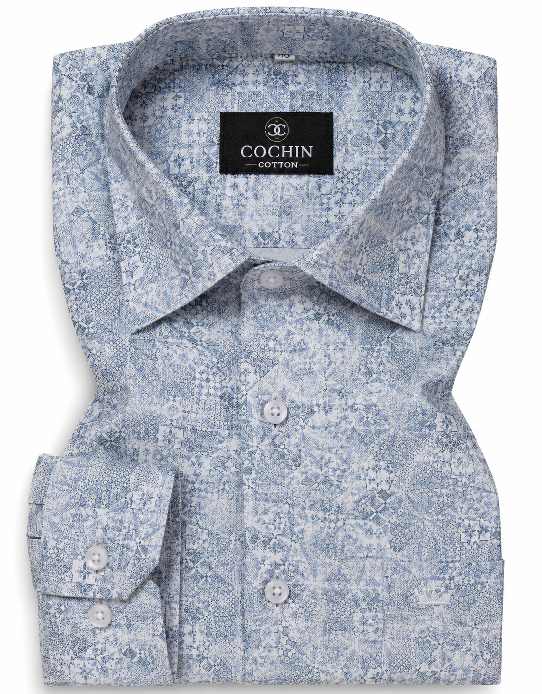 Blue patterned shirt with a Cochin label on a white background