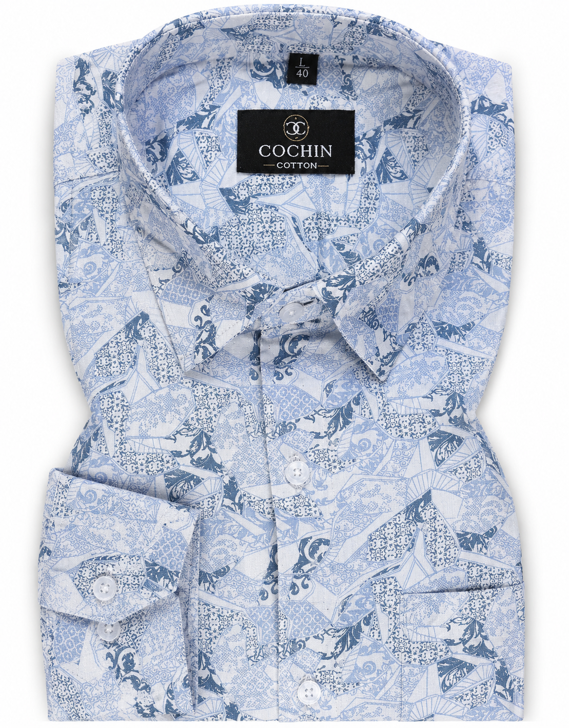 Blue patterned shirt with a Cochin label on a white background