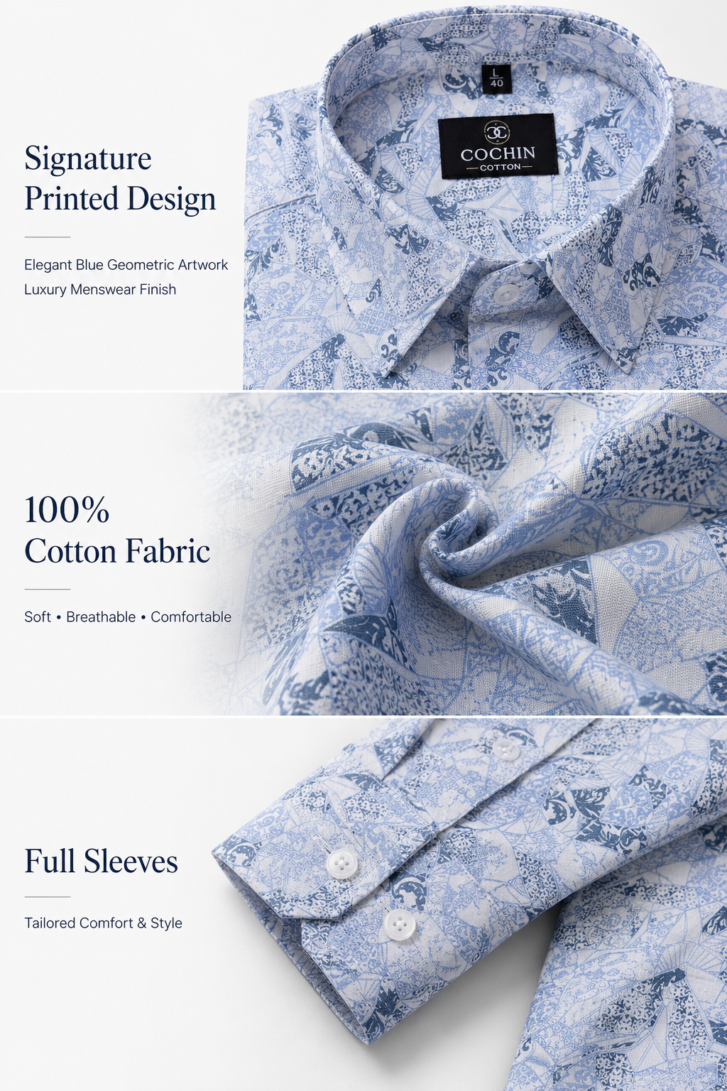 Blue geometric patterned shirt with Cochin label on a white background