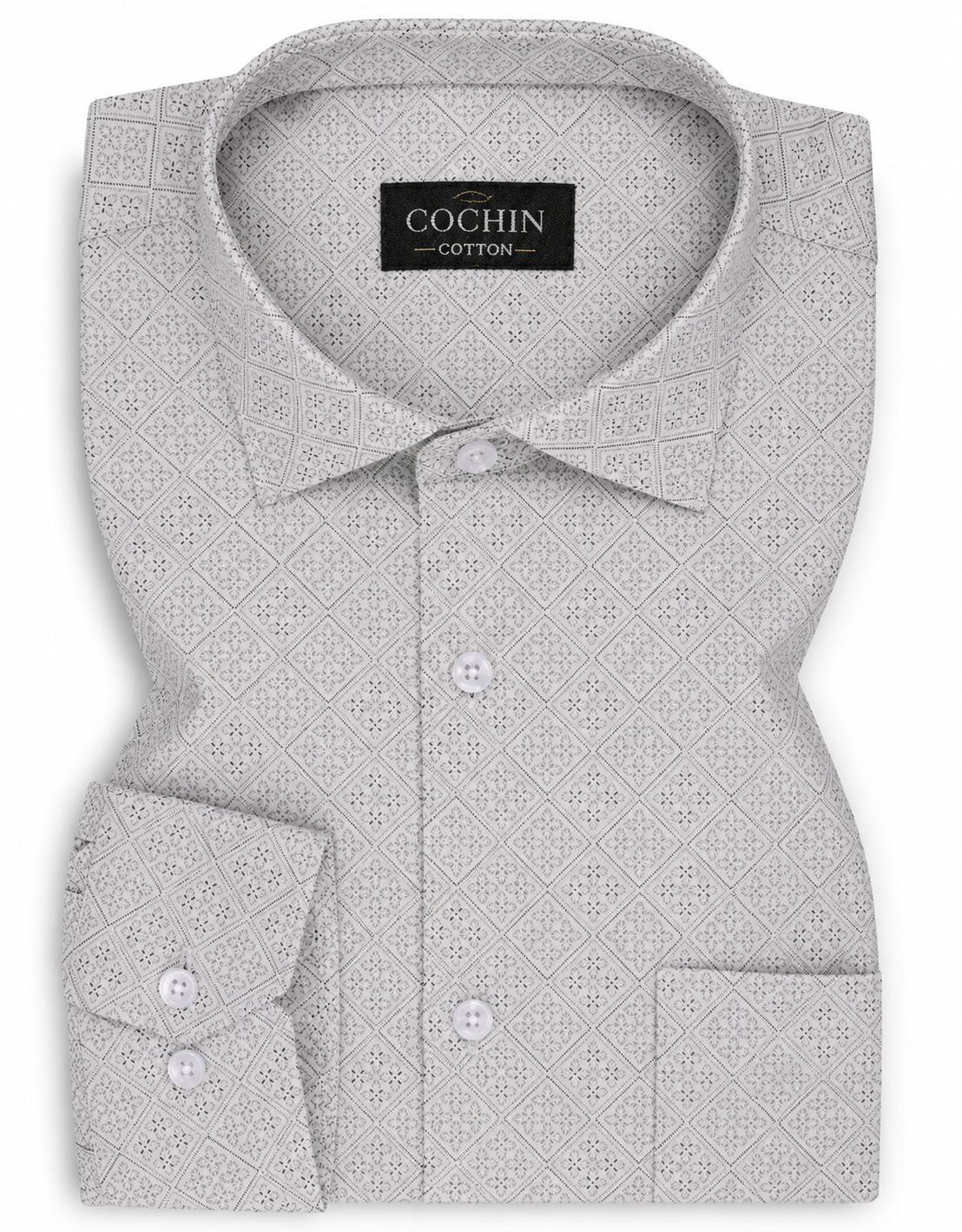 Folded gray patterned shirt with 'Cochin Cotton' label on a white background