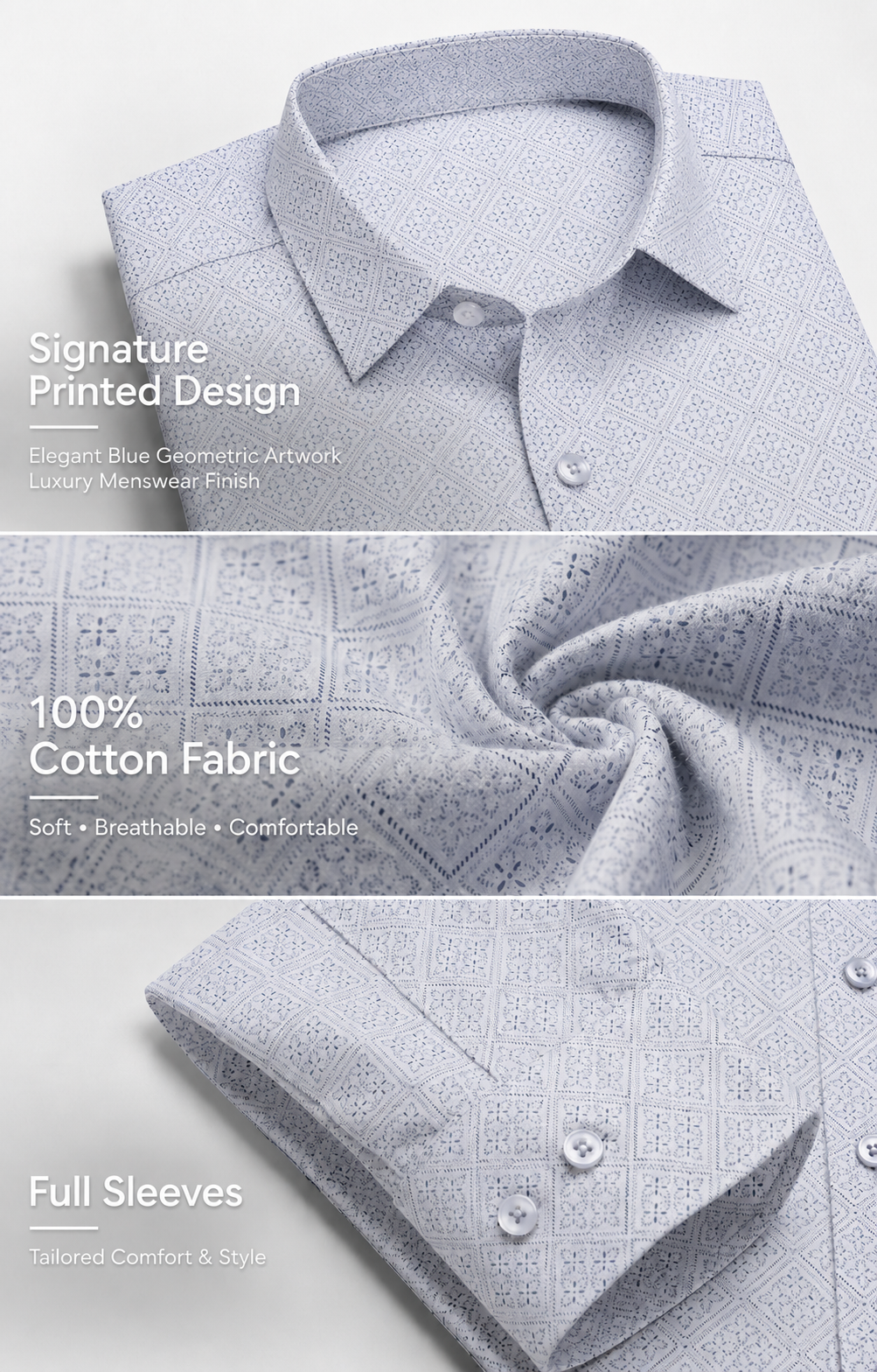 Gray geometric patterned shirt with text highlighting features on a light gray background