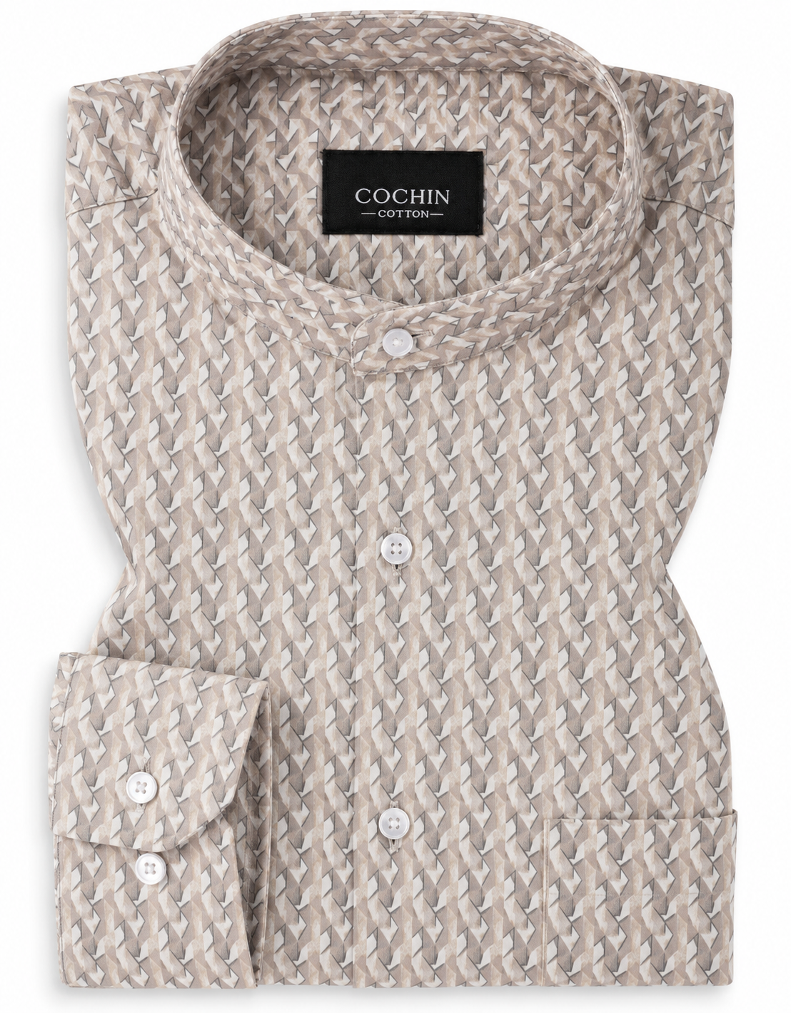 Beige patterned shirt with 'Cochin Cotton' label on a white background