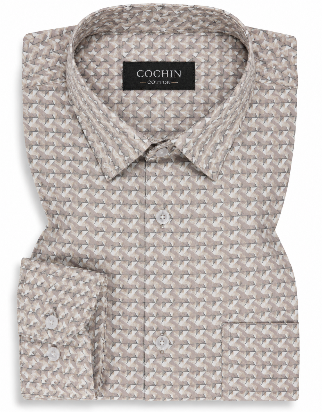Folded patterned shirt with 'Cochin' label on a white background