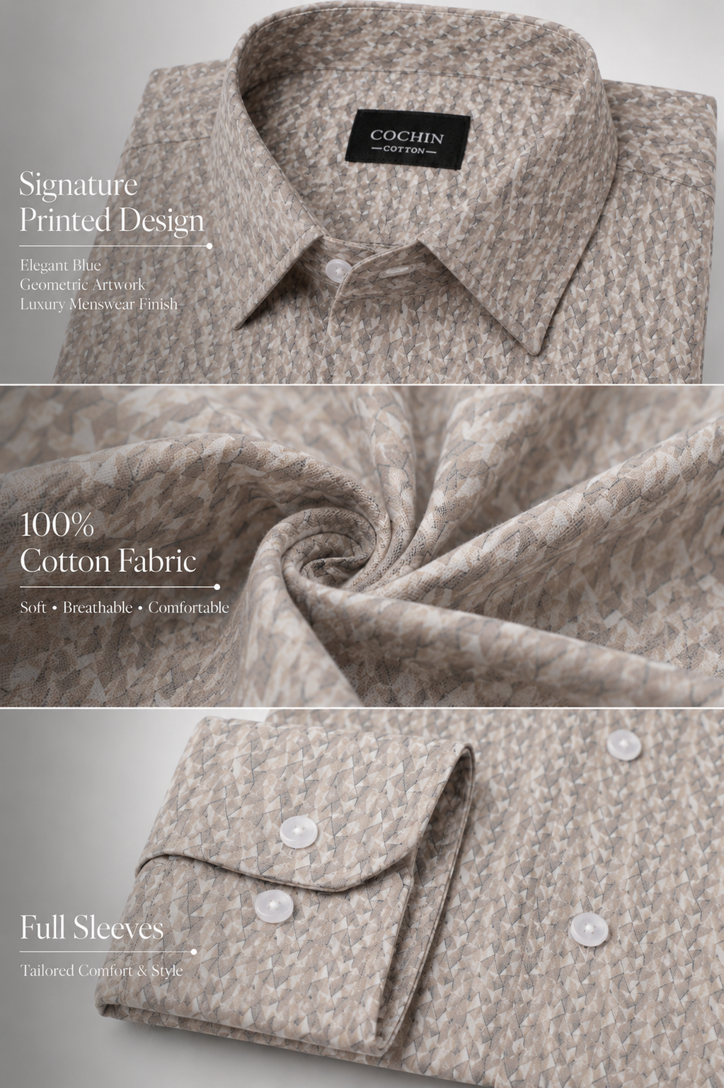 Cochin shirt with printed design, 100% cotton fabric, and full sleeves on a gray background.