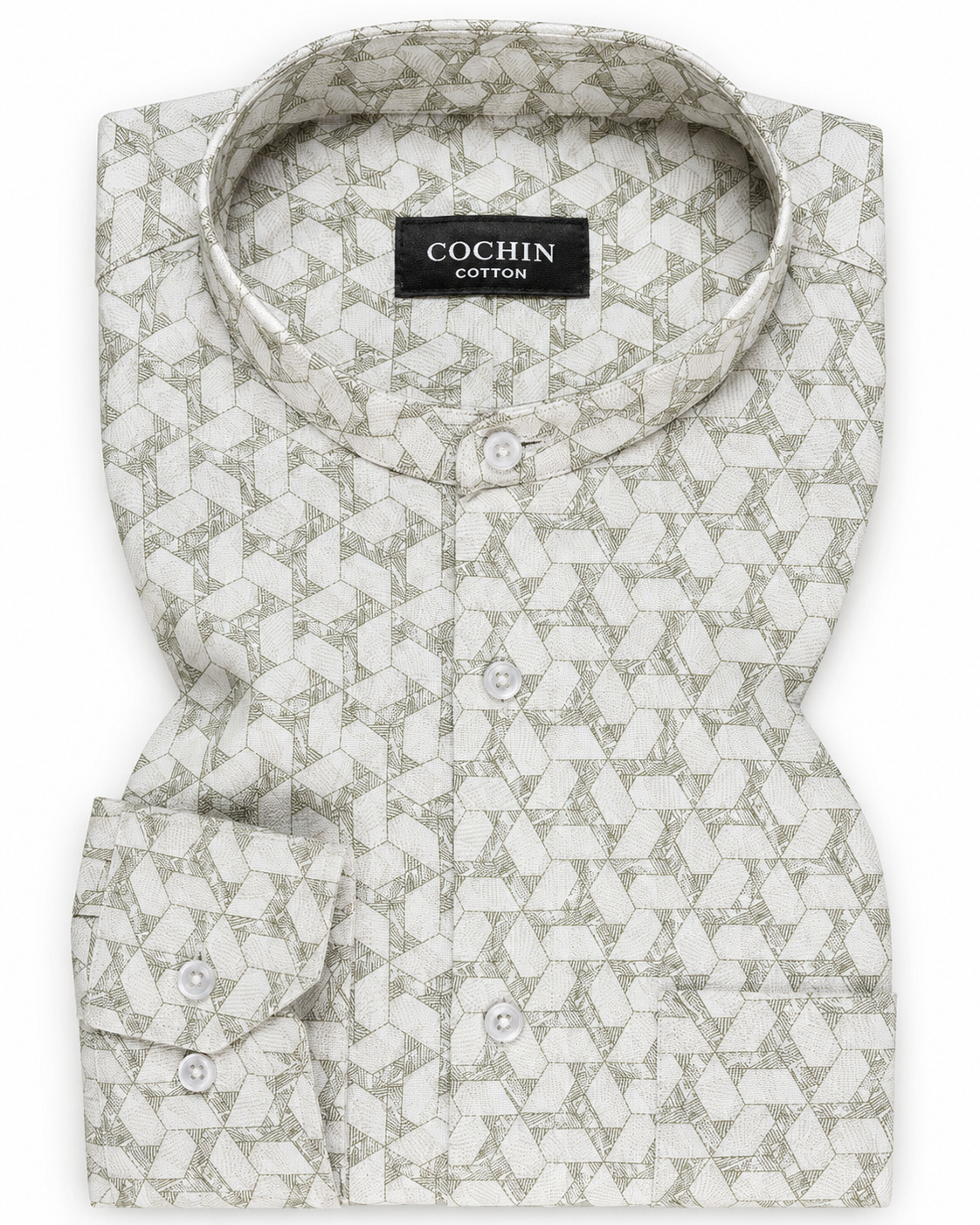 Patterned shirt with 'Cochin Cotton' label on a white background