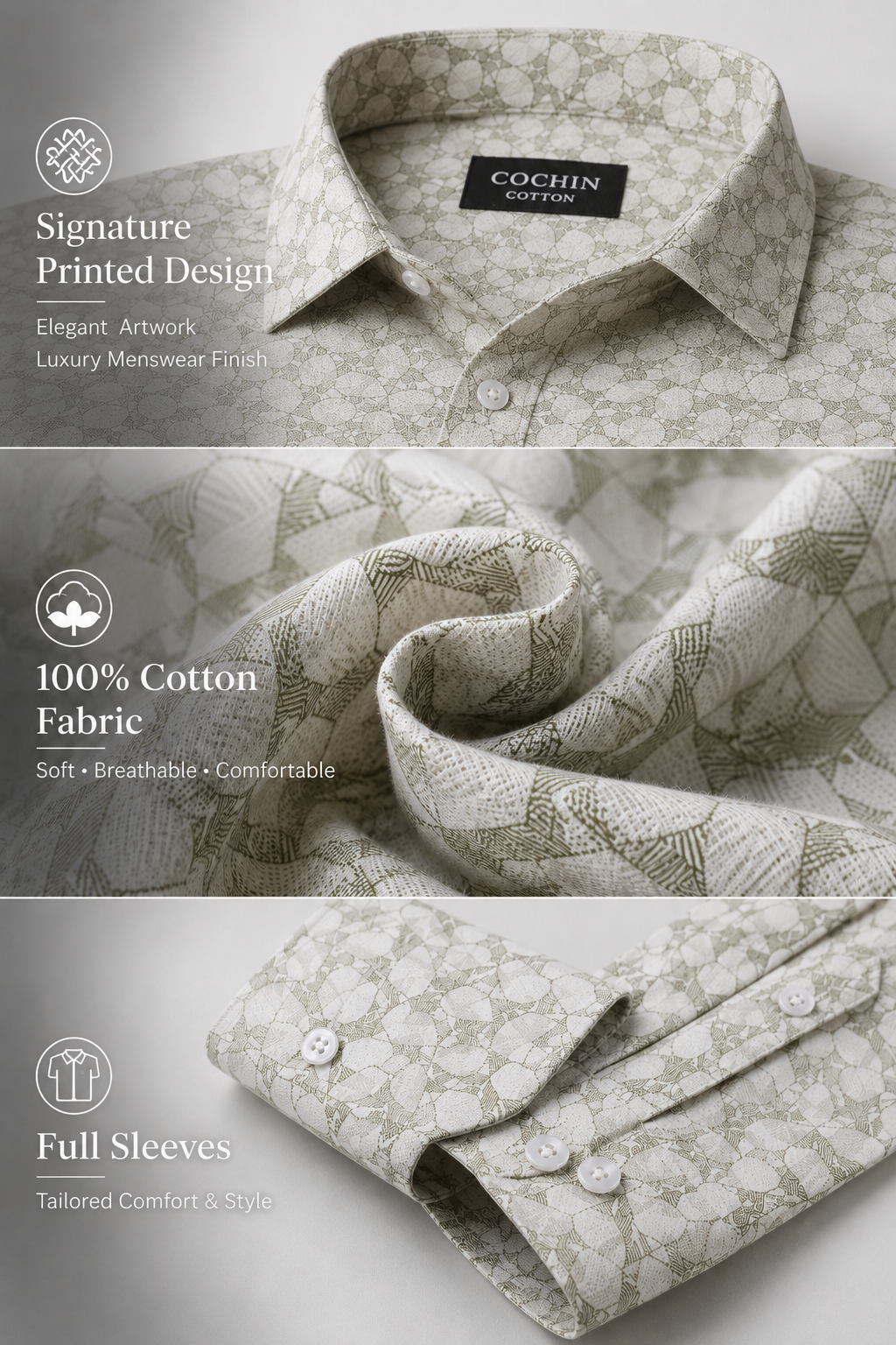 Cochin Cotton shirt with printed design on a light gray background
