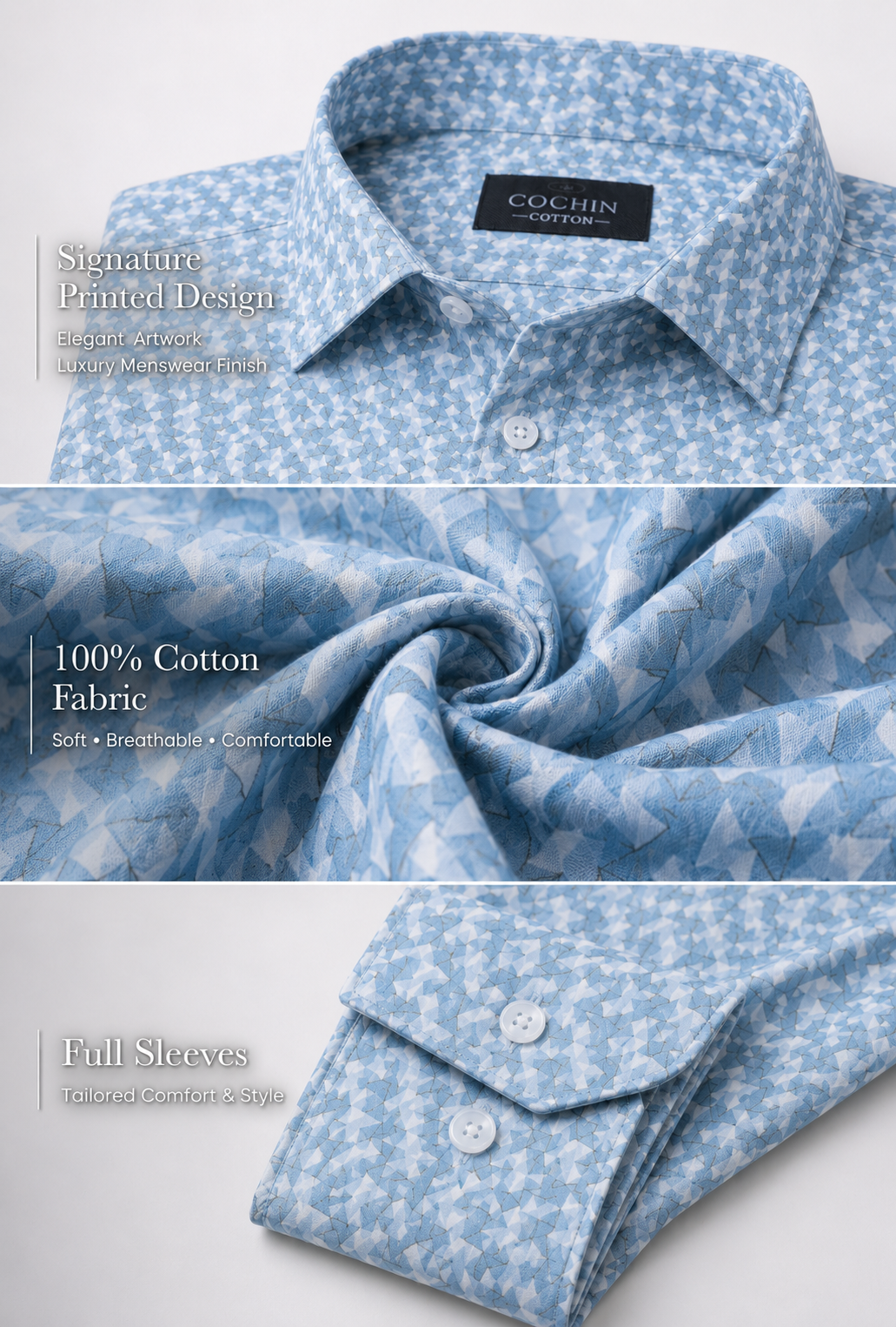 Blue patterned shirt with COHEN branding, featuring text about fabric and sleeve length.